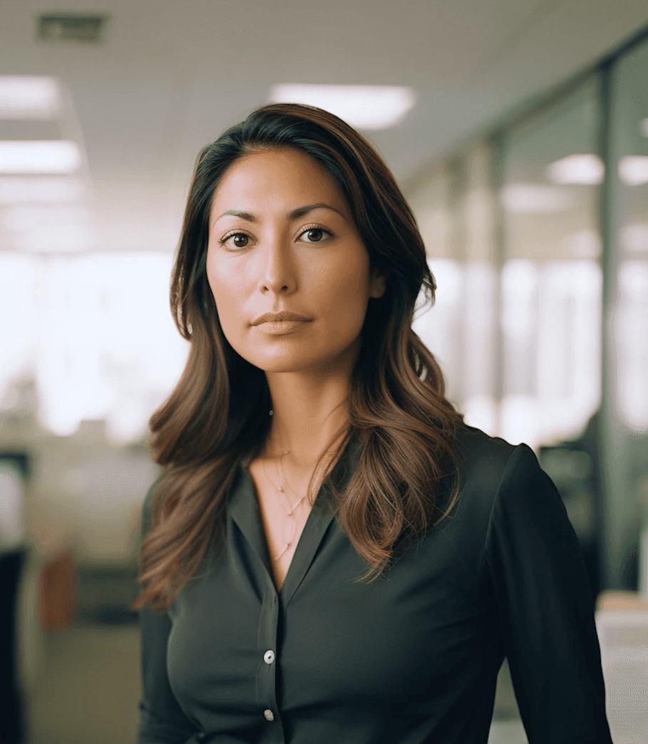 A confident professional woman stands in an office, looking directly at the camera with a serious expression.