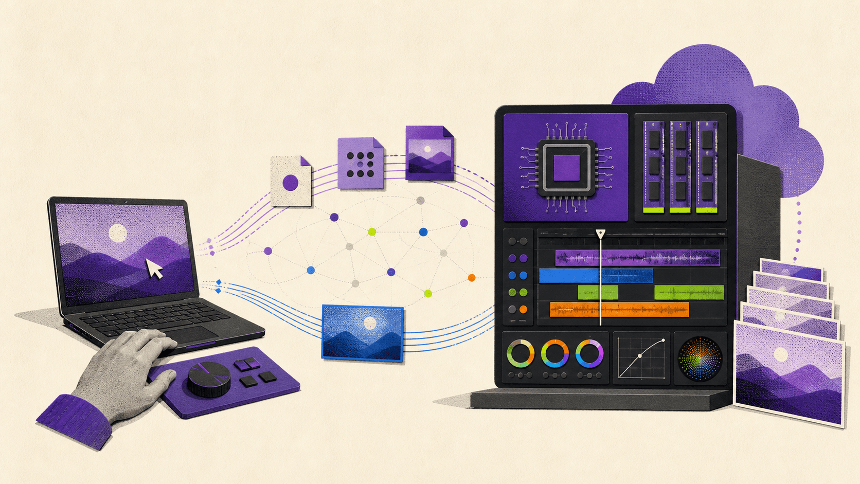 Illustration showing a video editing workflow from a laptop to a remote cloud workstation