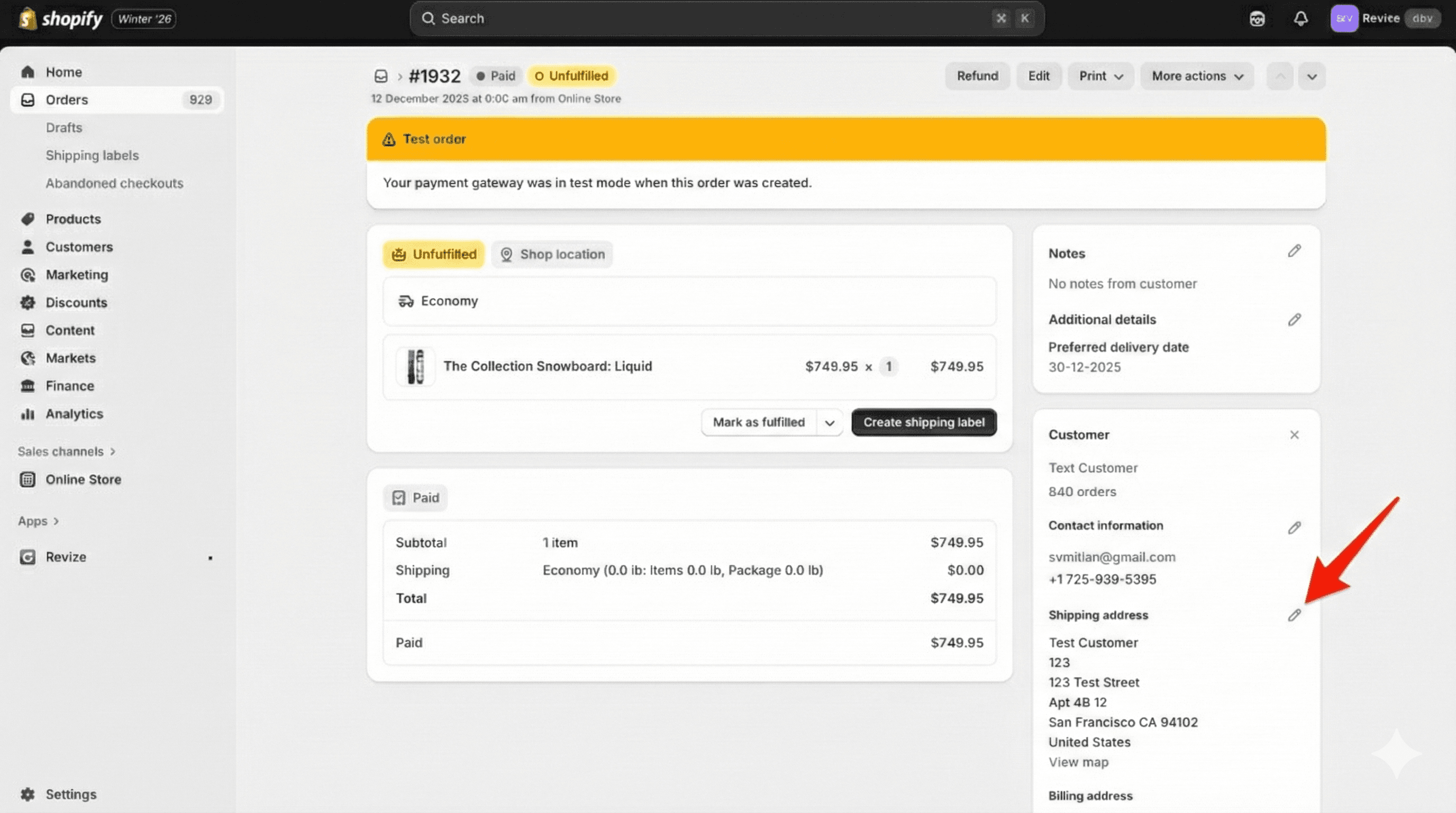 Shopify order detail page showing an unfulfilled order, with a red arrow pointing to the edit icon next to the shipping address, highlighting where the address can be changed.
