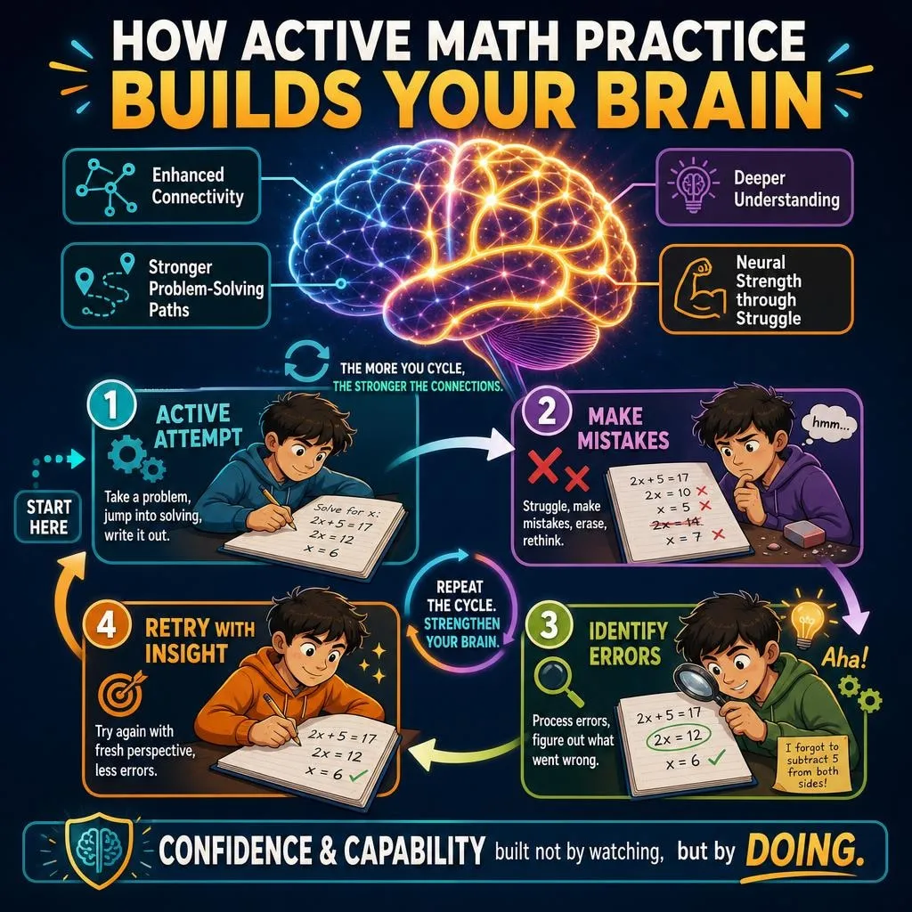 An infographic titled 'How Active Math Practice Builds Your Brain,' featuring a four-step cycle of a student actively attempting a math problem, making mistakes, identifying errors, and retrying with insight to build neural connectivity and math confidence.