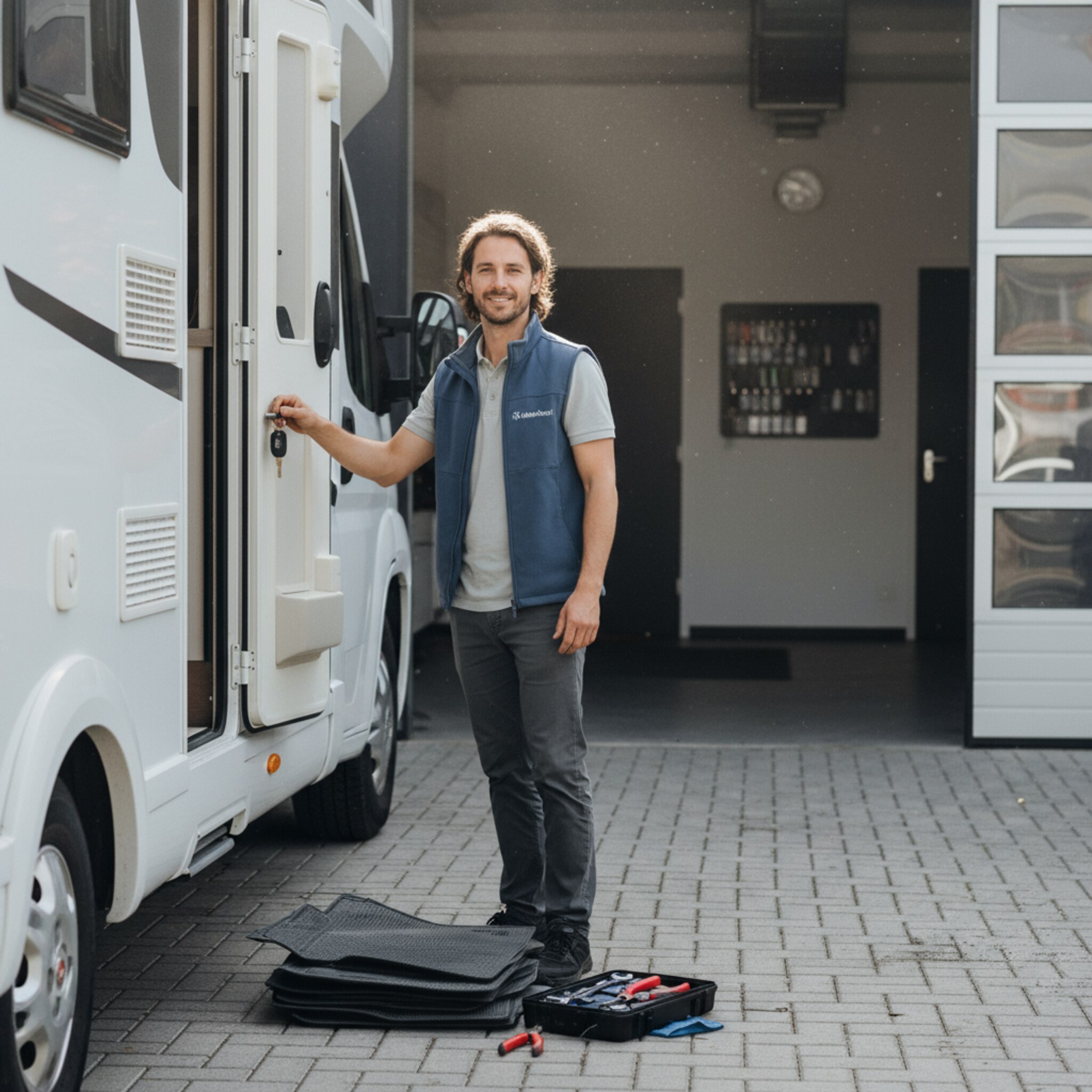 Auf einem gepflegten Hof einer Vermietstation steckt ein Mitarbeiter einen Schlüsselanhänger an ein Wohnmobil. Neben der Fahrerseite liegen frisch gereinigte Fußmatten und ein kleiner Werkzeugkoffer bereit. Sonnenlicht fällt durch eine offene Hallentür, Staubpartikel schweben. Eine diskrete Magnettafel im Hintergrund zeigt neatly geordnete Schlüsselplätze.