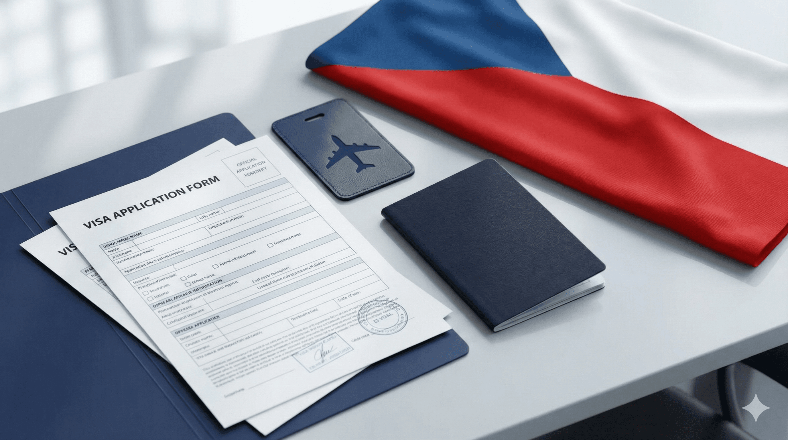 Czech flag, passport, and visa documents on desk - Czech Republic Schengen visa requirements for UK residents