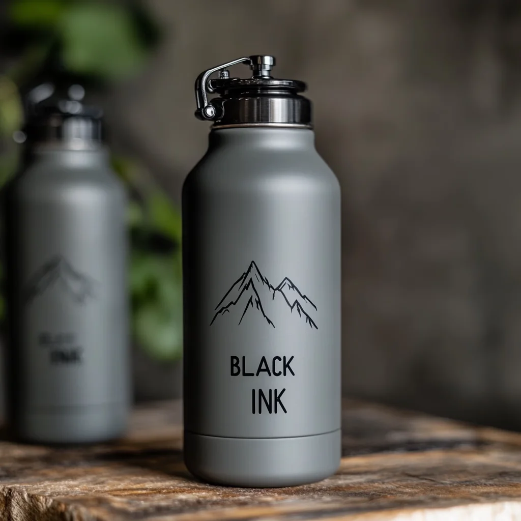 Laser Engraved text on a Stainless Steel flask - Black Ink Graphics UAE.