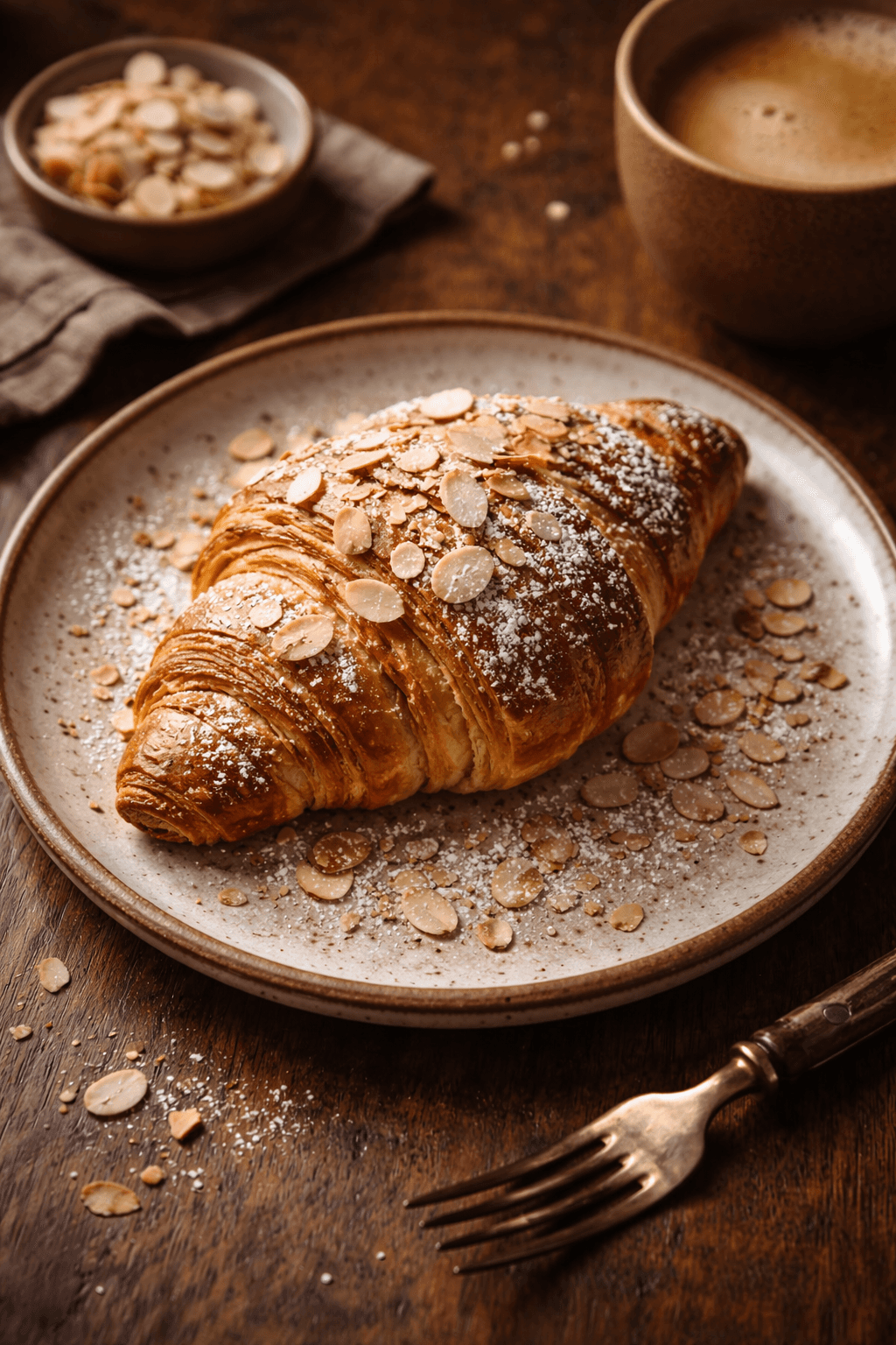 Freshly baked croissant dusted with powdered sugar and almond flakes served on a ceramic plate beside a cup of coffee.