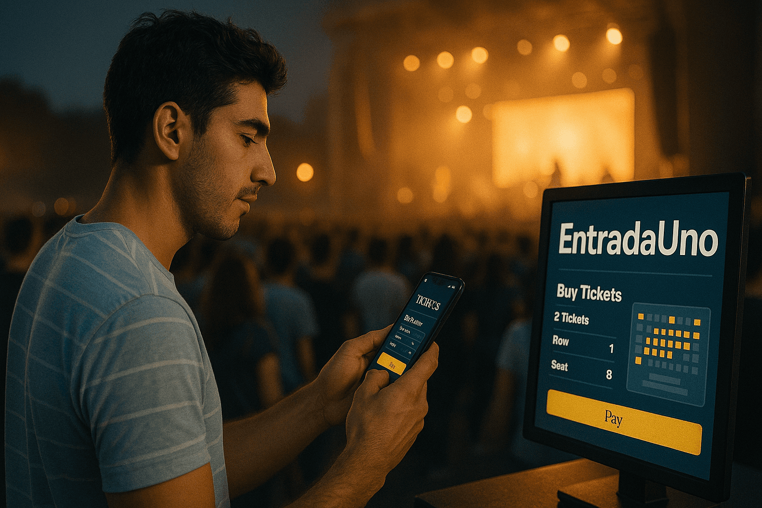 Un usuario finaliza la compra de sus entradas desde el celular, segundos antes de que comience el recital. Así se vive la experiencia EntradaUno: rápida, conectada y 100 % digital.