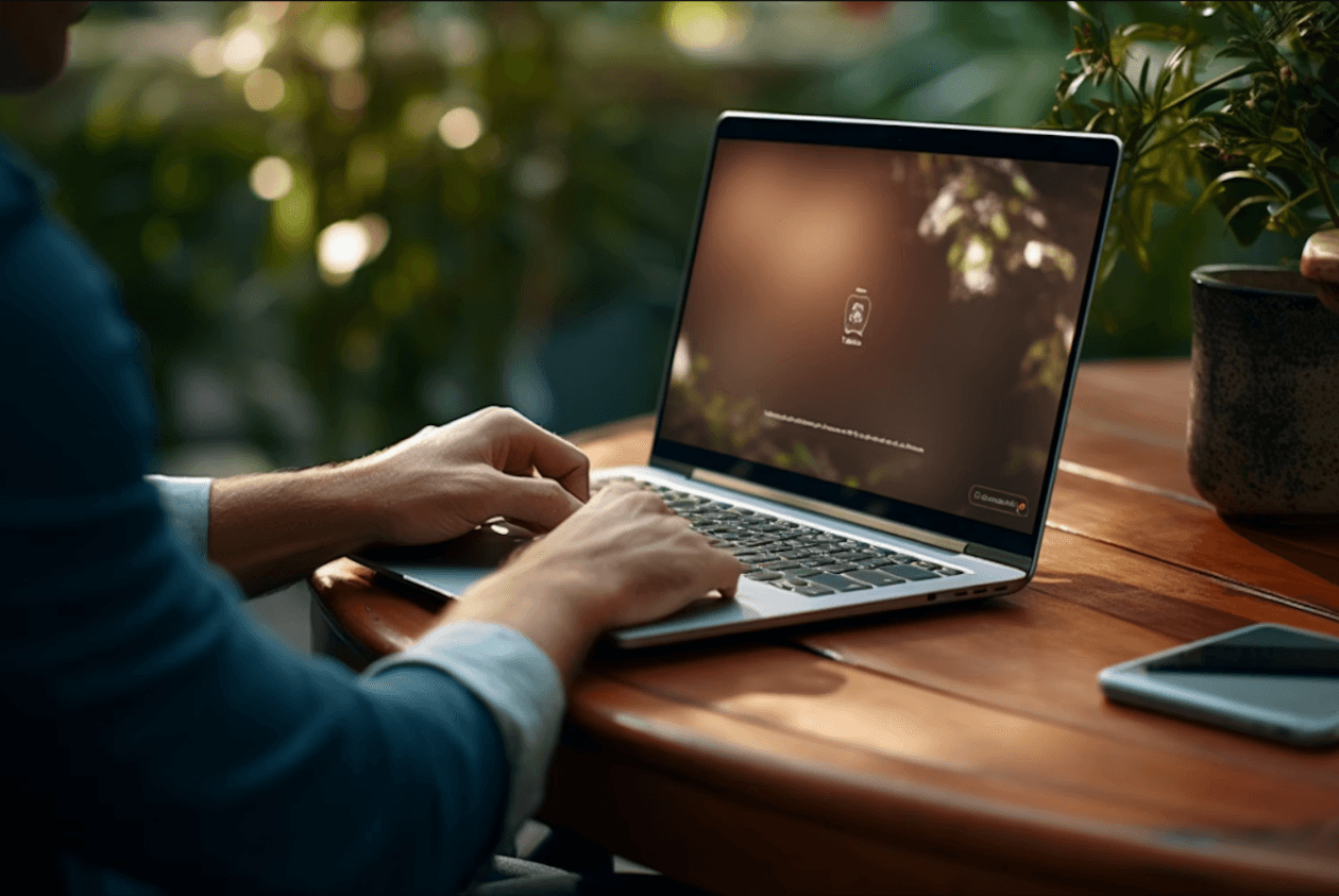 Person typing on a laptop at a wooden table.