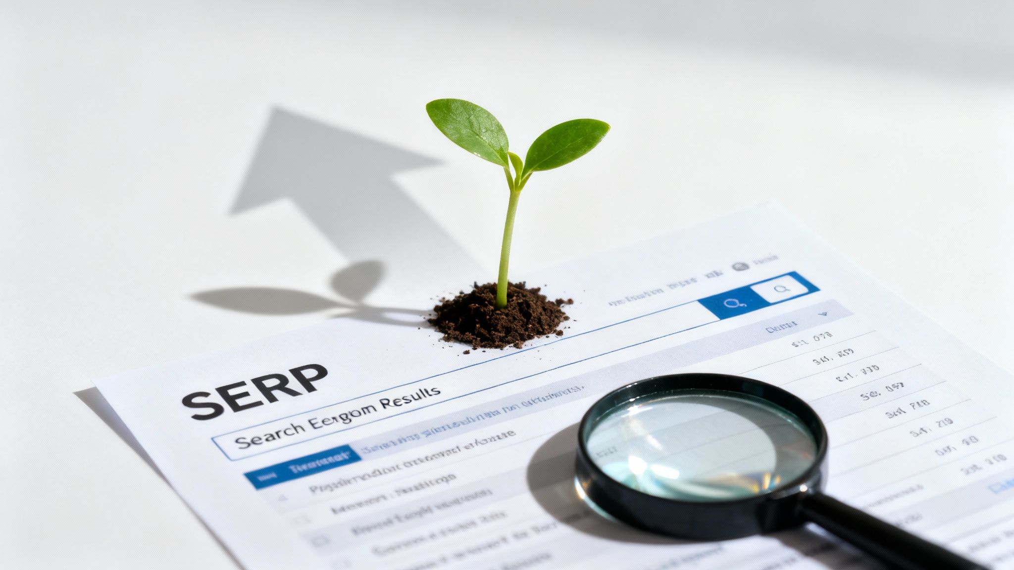 A green sprout grows from a SERP document, with a magnifying glass and an upward arrow shadow, symbolizing SEO growth.