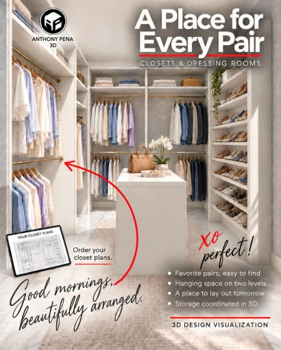 Concept cover of a small closet island between double hanging bays and tall shoe shelves.