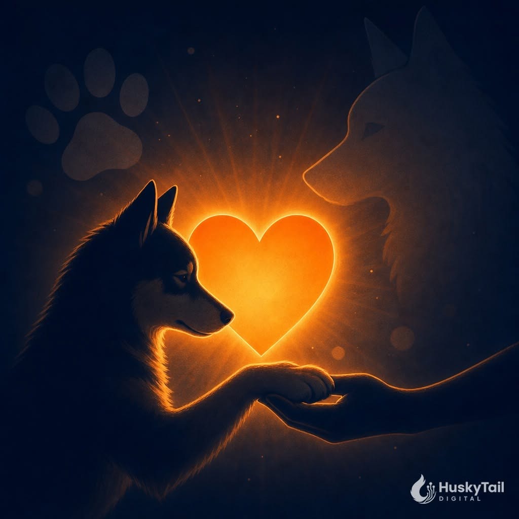 Husky illustration touching a human hand beside a glowing heart and HuskyTail Digital logo.