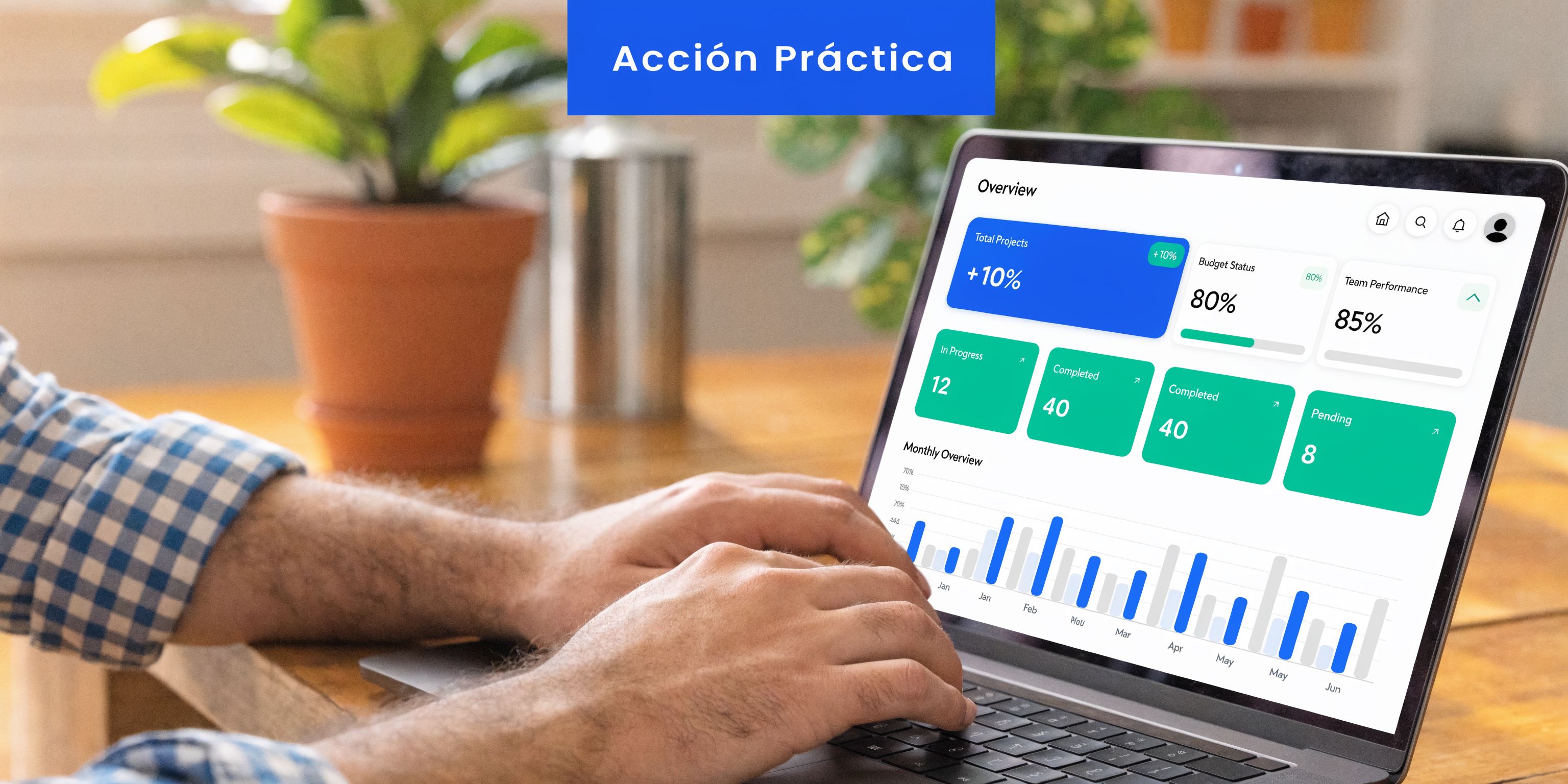 Una persona trabajando en una computadora portátil viendo un panel de control con gráficas de rendimiento empresarial.