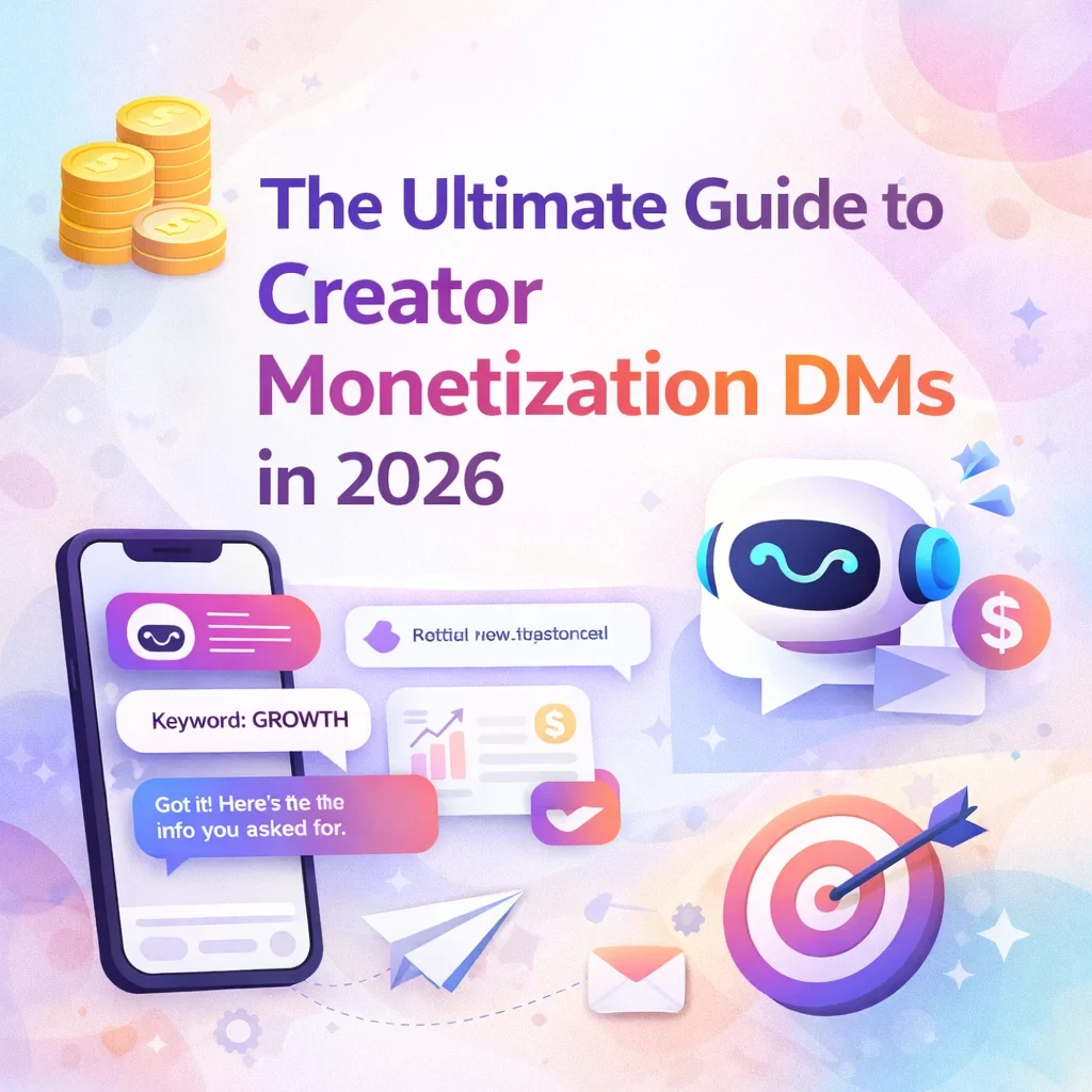 “Blog cover design for ‘The Ultimate Guide to Creator Monetization DMs in 2026’ featuring a smartphone with automated Instagram DM conversations, chatbot assistant, revenue icons, and a modern pastel gradient background with clean UI/UX elements.”