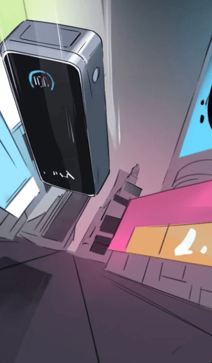 Comic-style sketches showing an Anker power bank flying through a city