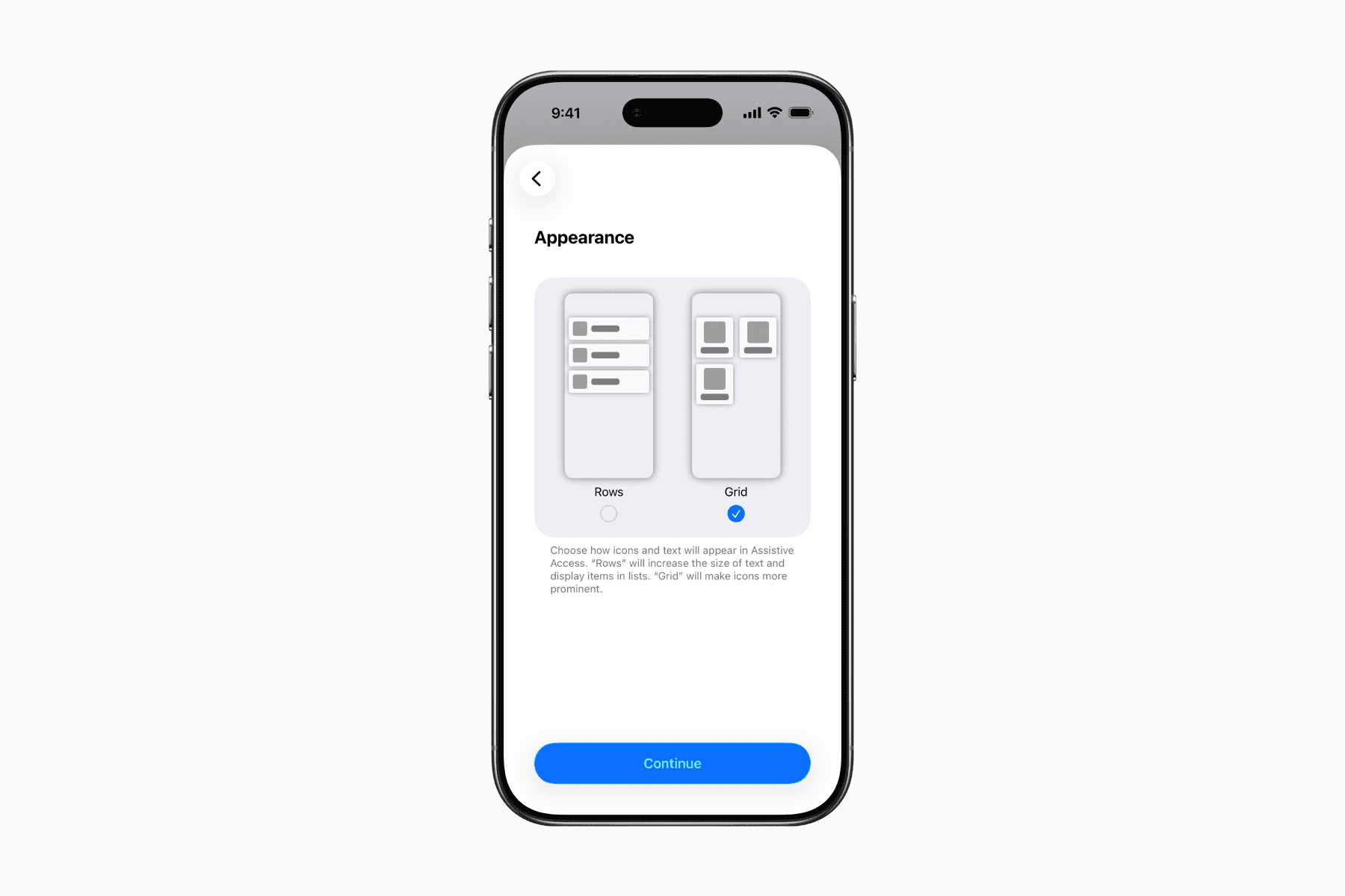 Appearance customization in the Assistive Access settings of the iPhone