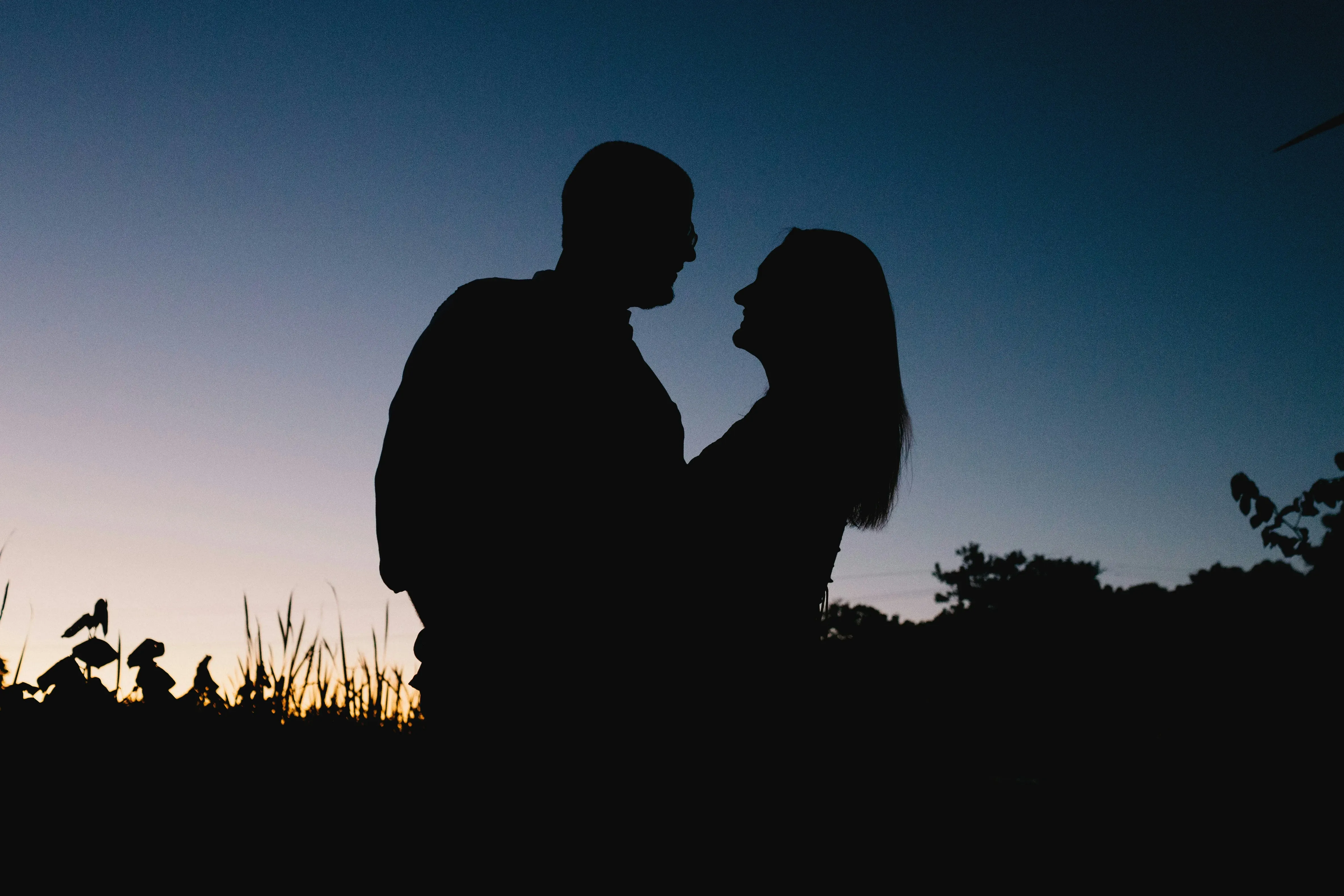 a silhouette of a man and a woman holding each other