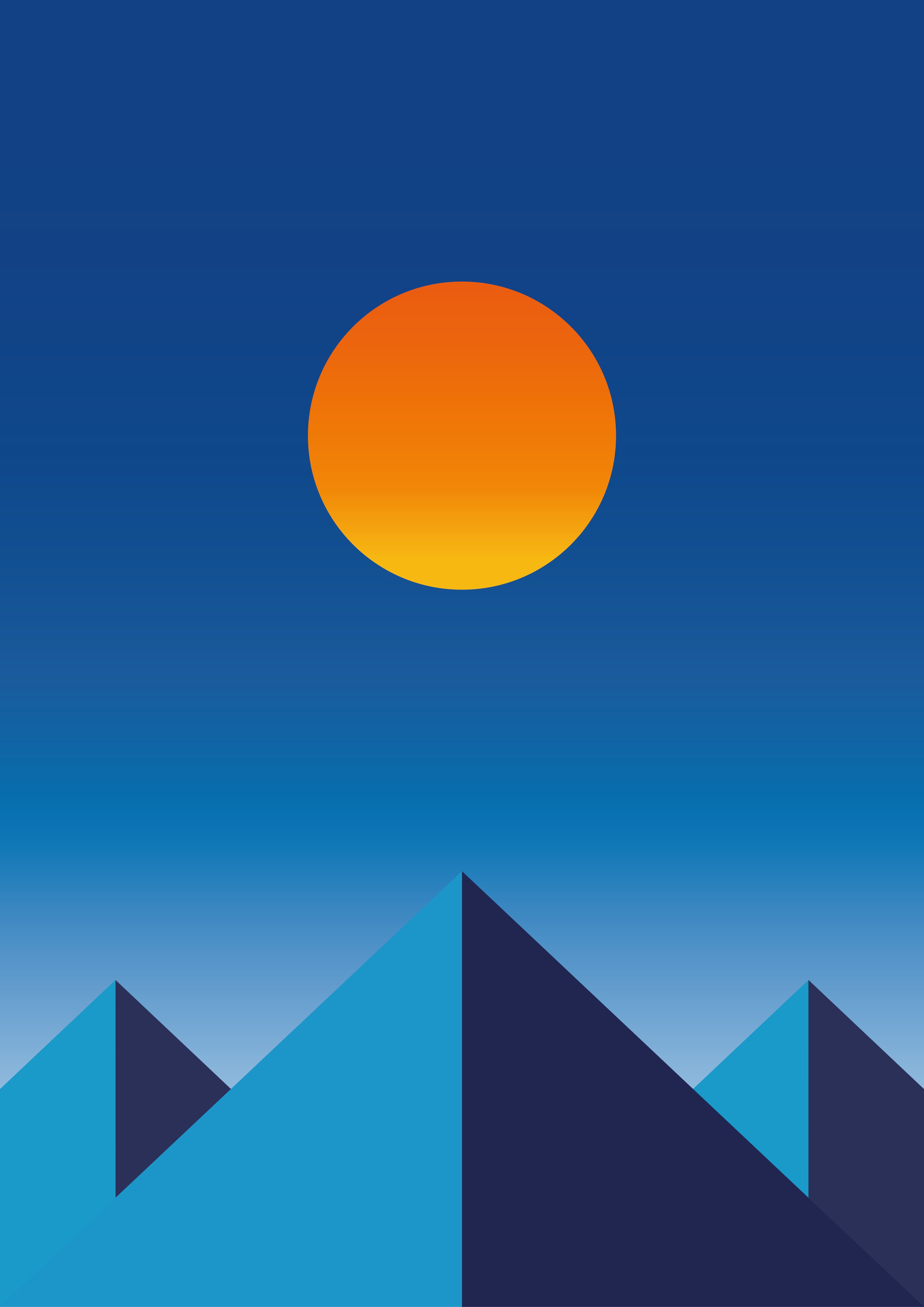 poster design that represents the feeling 'calm' three mountain peaks with a sun above in a blue sky