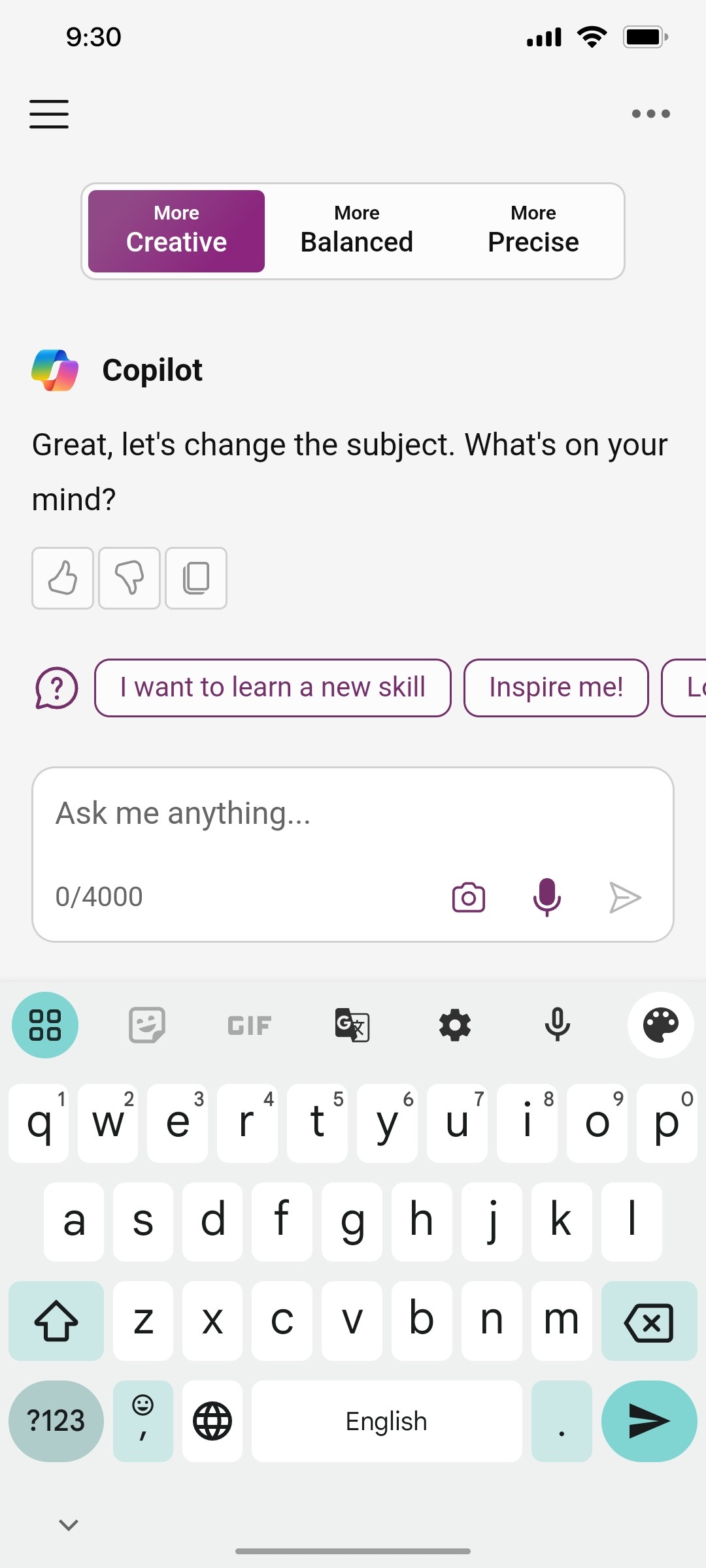 Microsoft copilot More Creative screen