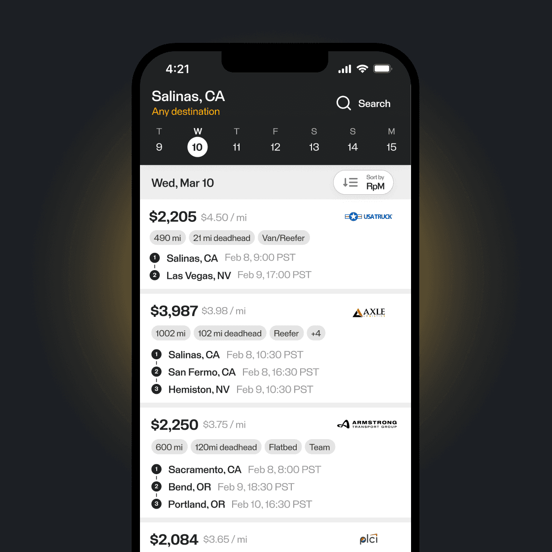 Screenshot of the free TruckSmarter loadboard on mobile showing high-paying loads, rates, trailer type, filters, and more