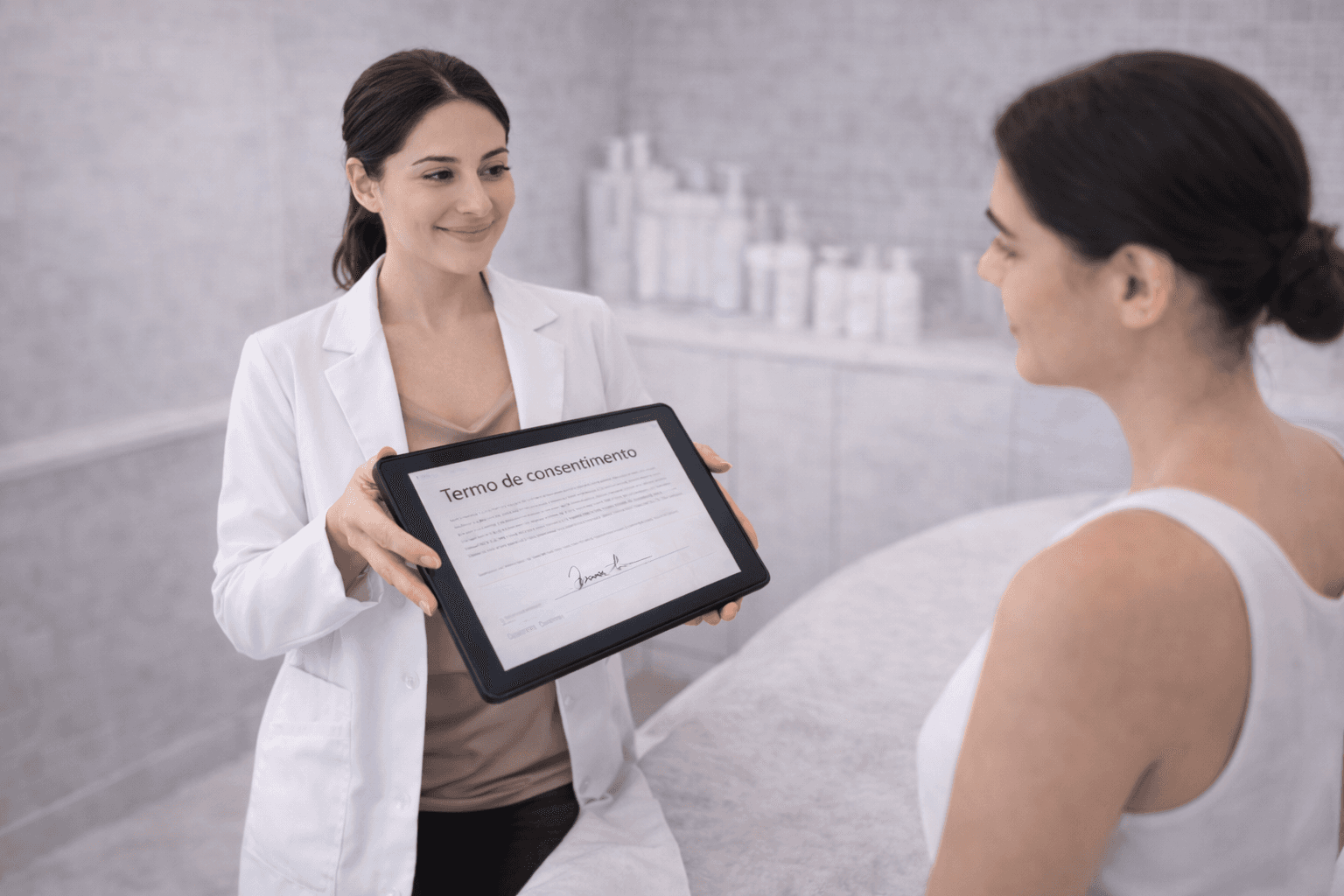 profissional e paciente assinando termos