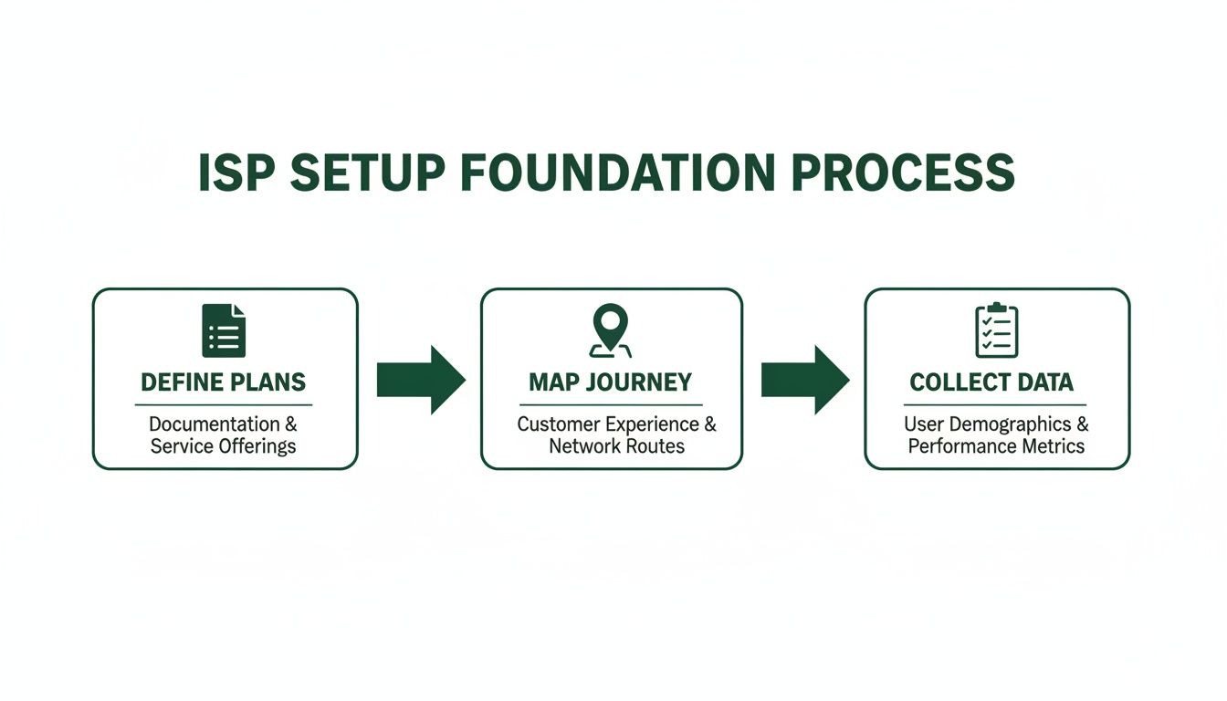 A three-step process for ISP setup foundation: Define Plans, Map Journey, and Collect Data.