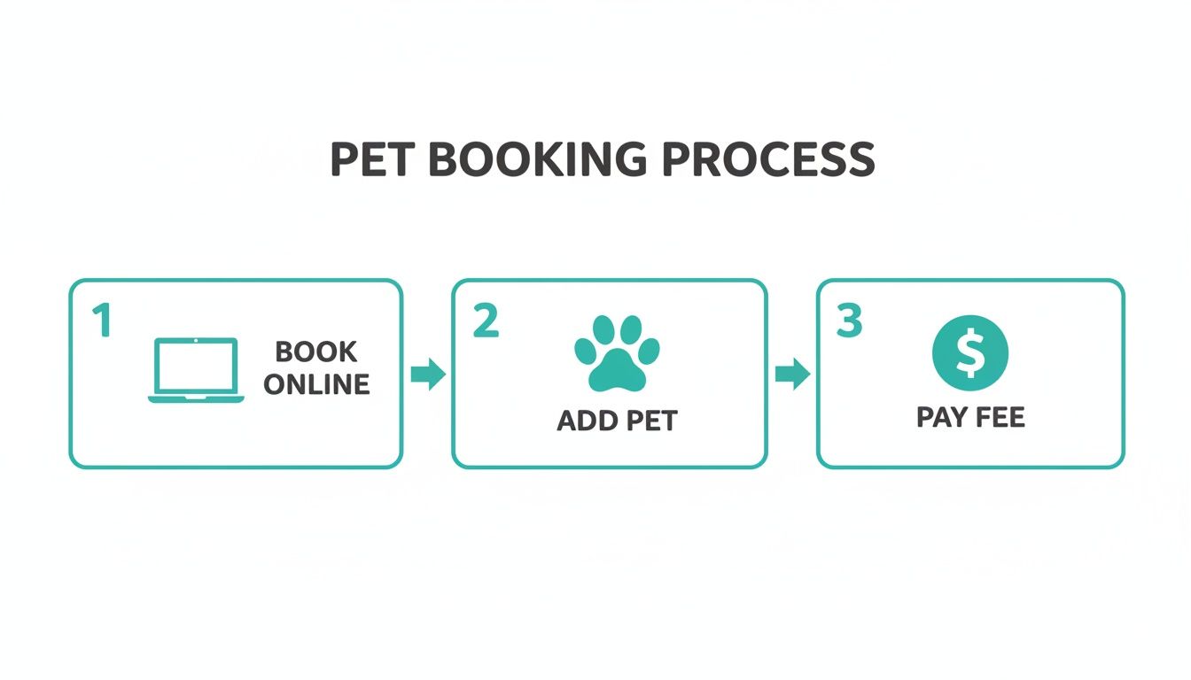 Diagram illustrating a three-step pet booking process: book online, add pet, and pay fee.