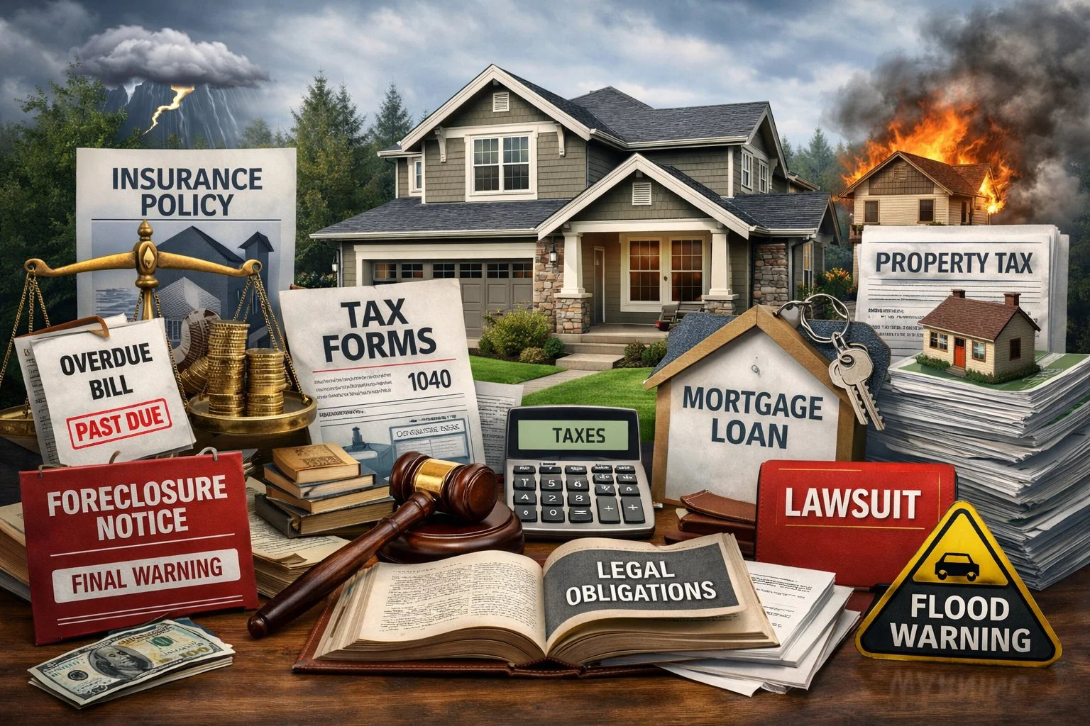 Property surrounded by legal and financial icons like scales, tax forms, and mortgages, illustrating the risks and obligations of real estate ownership.