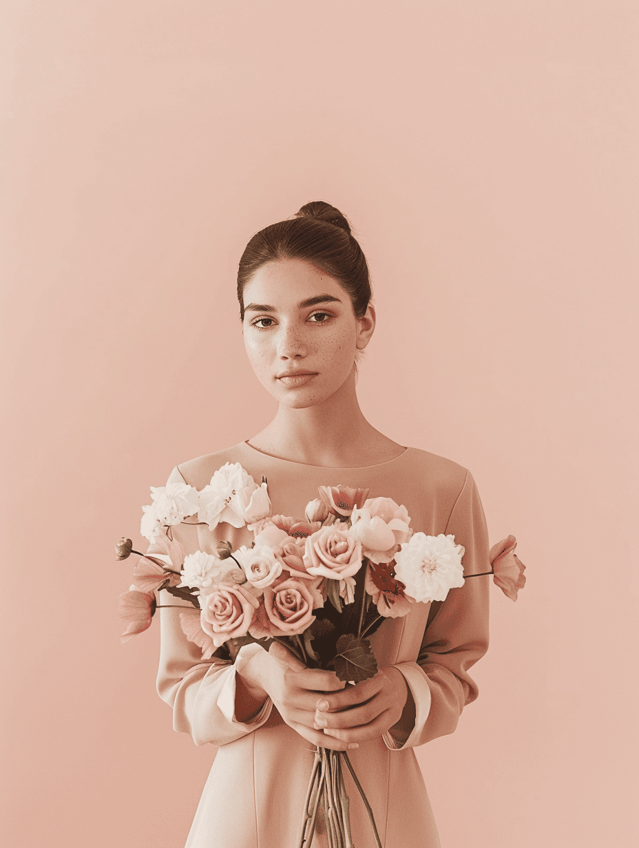  a cinematic shot of a woman holding a banquet of flowers 