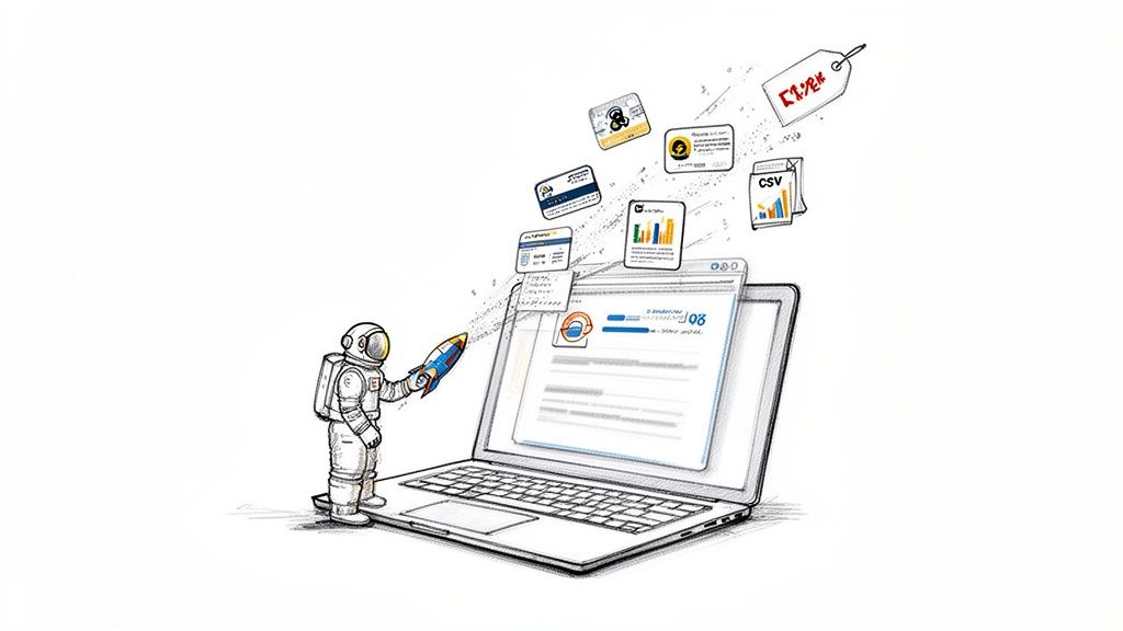 Cartoon astronaut with a rocket extracting digital data icons from a laptop screen.
