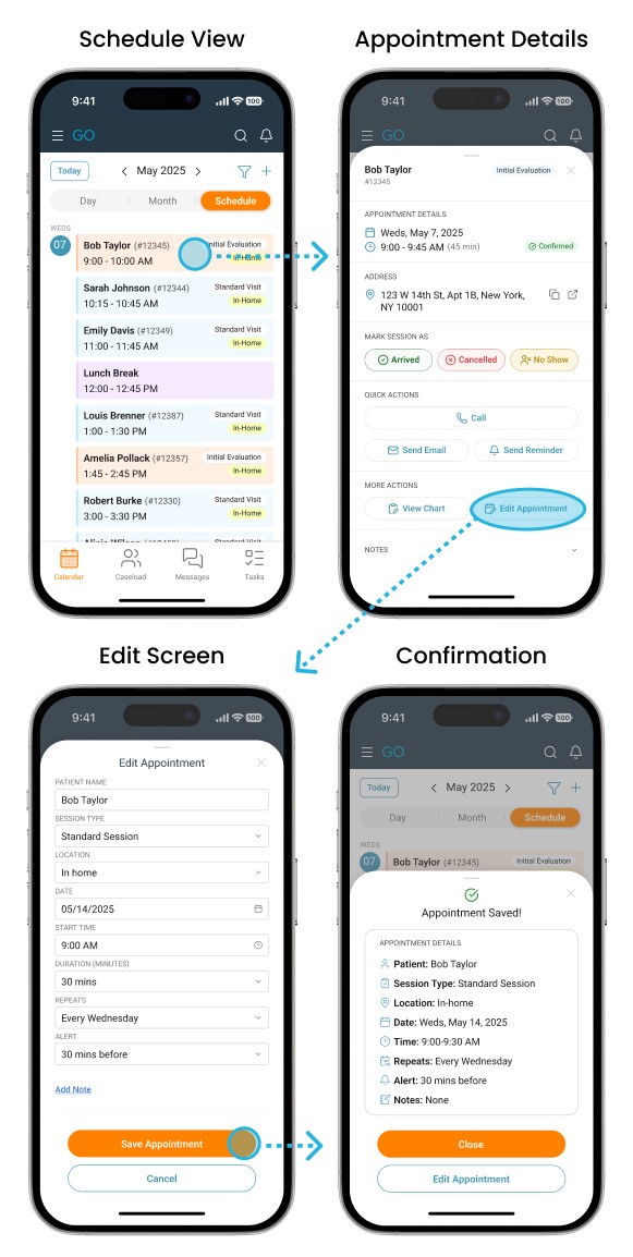 Hi-fidelity wireframes showing "edit existing appointment" flow