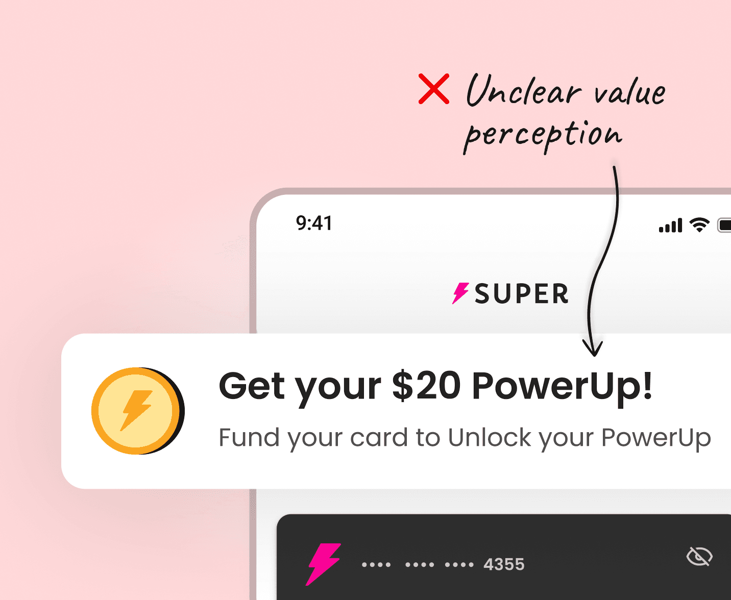 UI mockup of Super.com’s PowerUp prompt reading ‘Get your $20 PowerUp!’ with a note on unclear value perception, illustrating user confusion about real versus symbolic rewards.