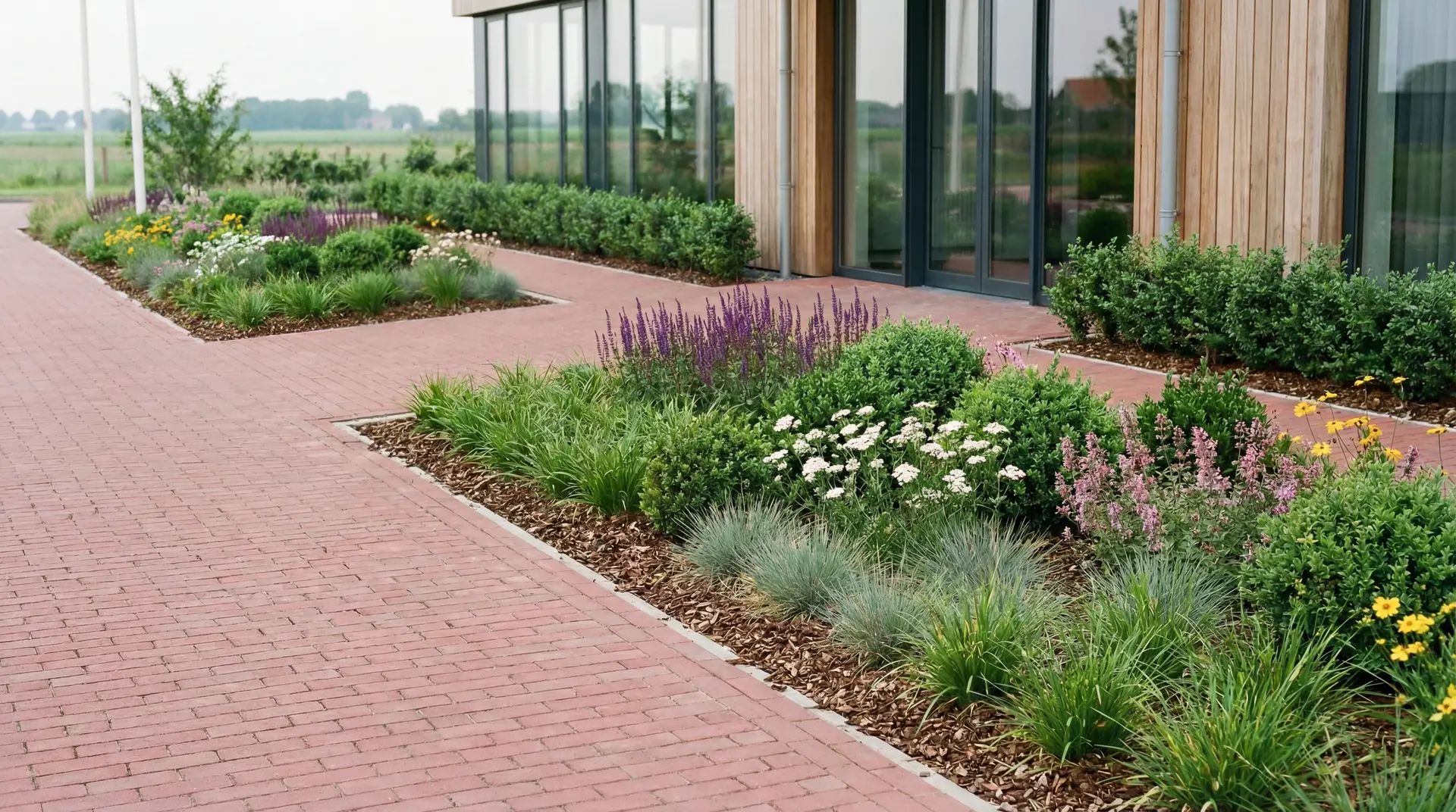 Verzorgde bedrijfstuin met diverse planten naast een modern pand in Heerenveen.