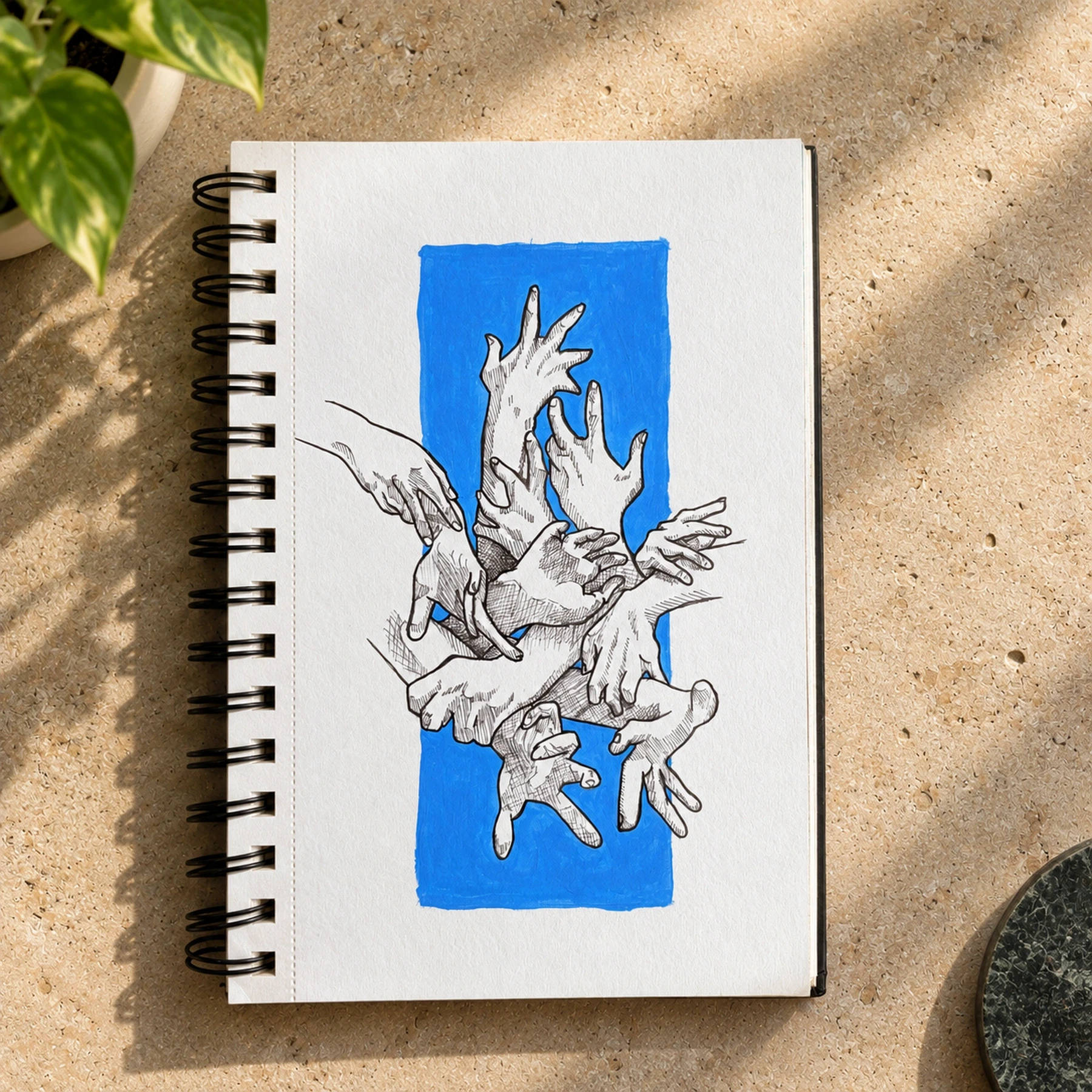 Drawing of an anatomical heart surrounded by reaching hands against a blue rectangle.