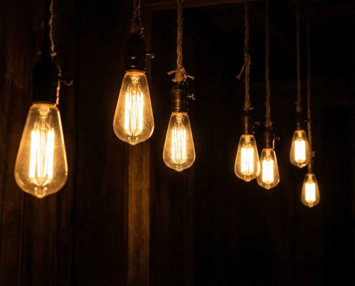 Glowing light bulbs emitting warm light in a dark background.