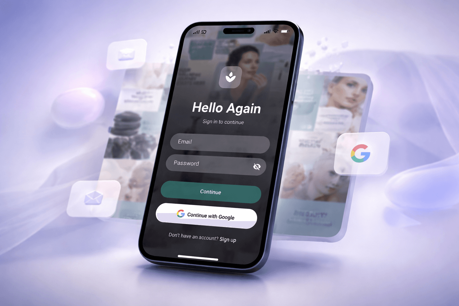 A clean and secure authentication interface featuring email login, Google sign-in, and a modern glassmorphism UI design to ensure a seamless onboarding experience for users.