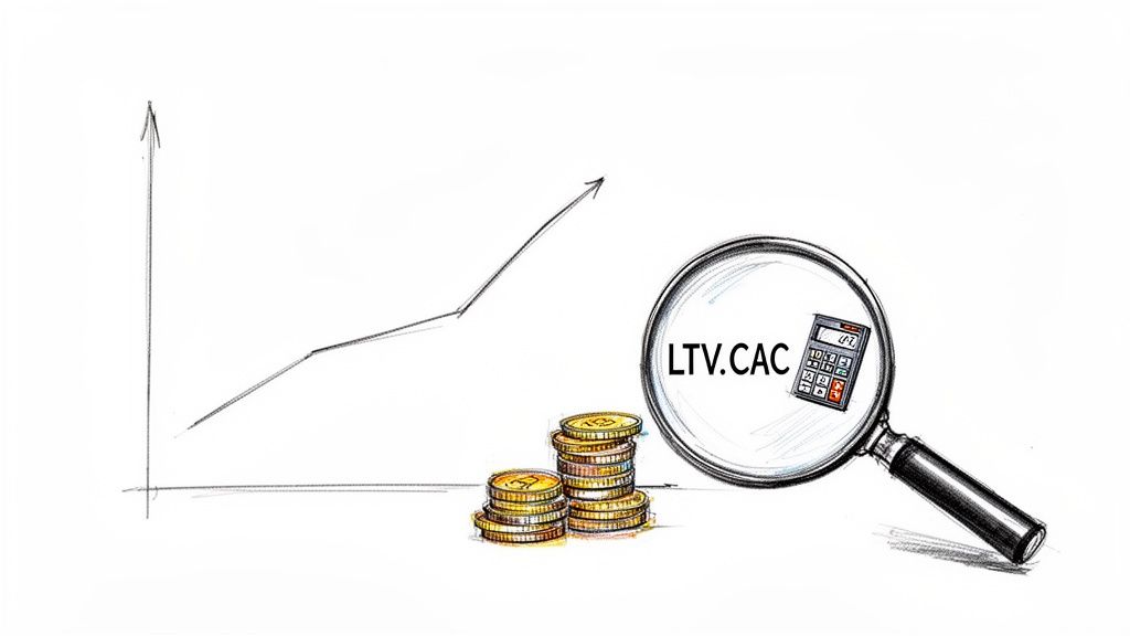 Hand-drawn illustration showing a financial graph, gold coins, and a magnifying glass on LTV.CAC.