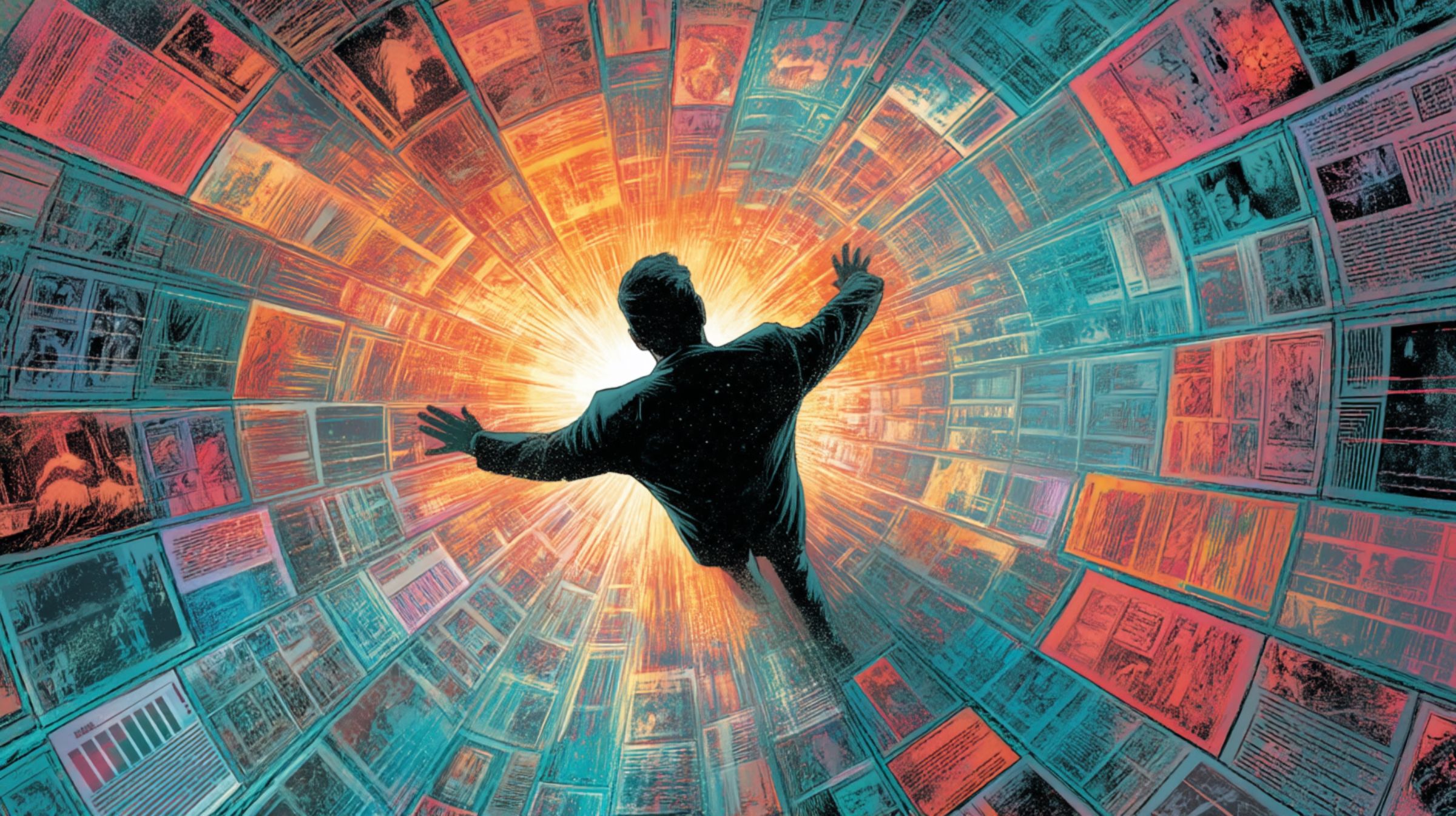 A creator at the center of a bright comic-book vortex of sketches and colors, symbolizing chaos turning into structure.