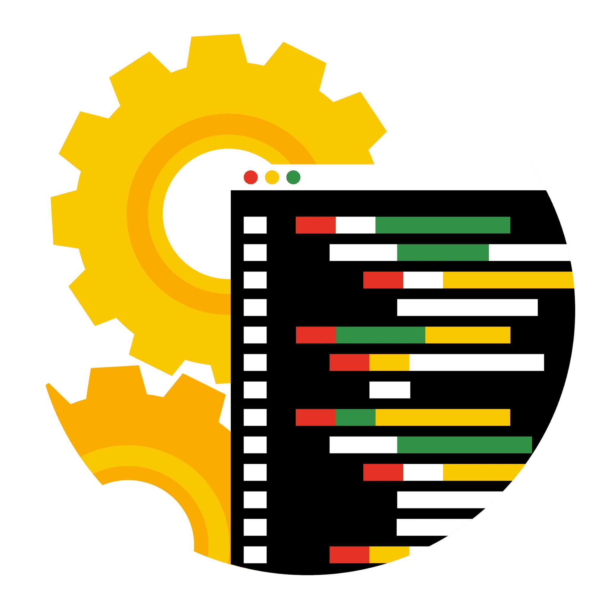 Gele tandwielen die samenvallen met een codevensterinterface, wat toegankelijke API-documentatie en ontwikkelingsondersteuning weergeeft.