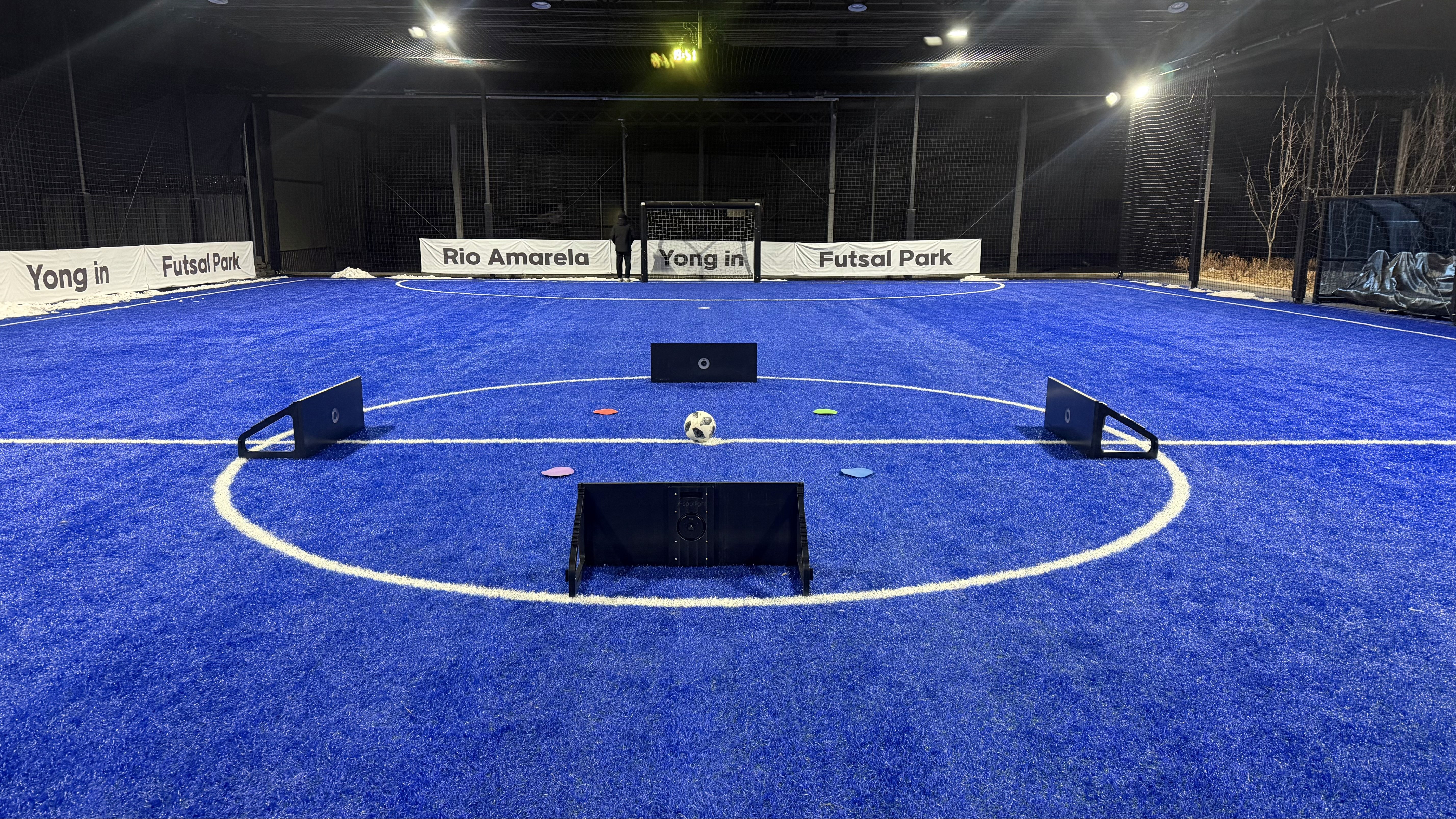 a person's feet with a ball on a purple carpet