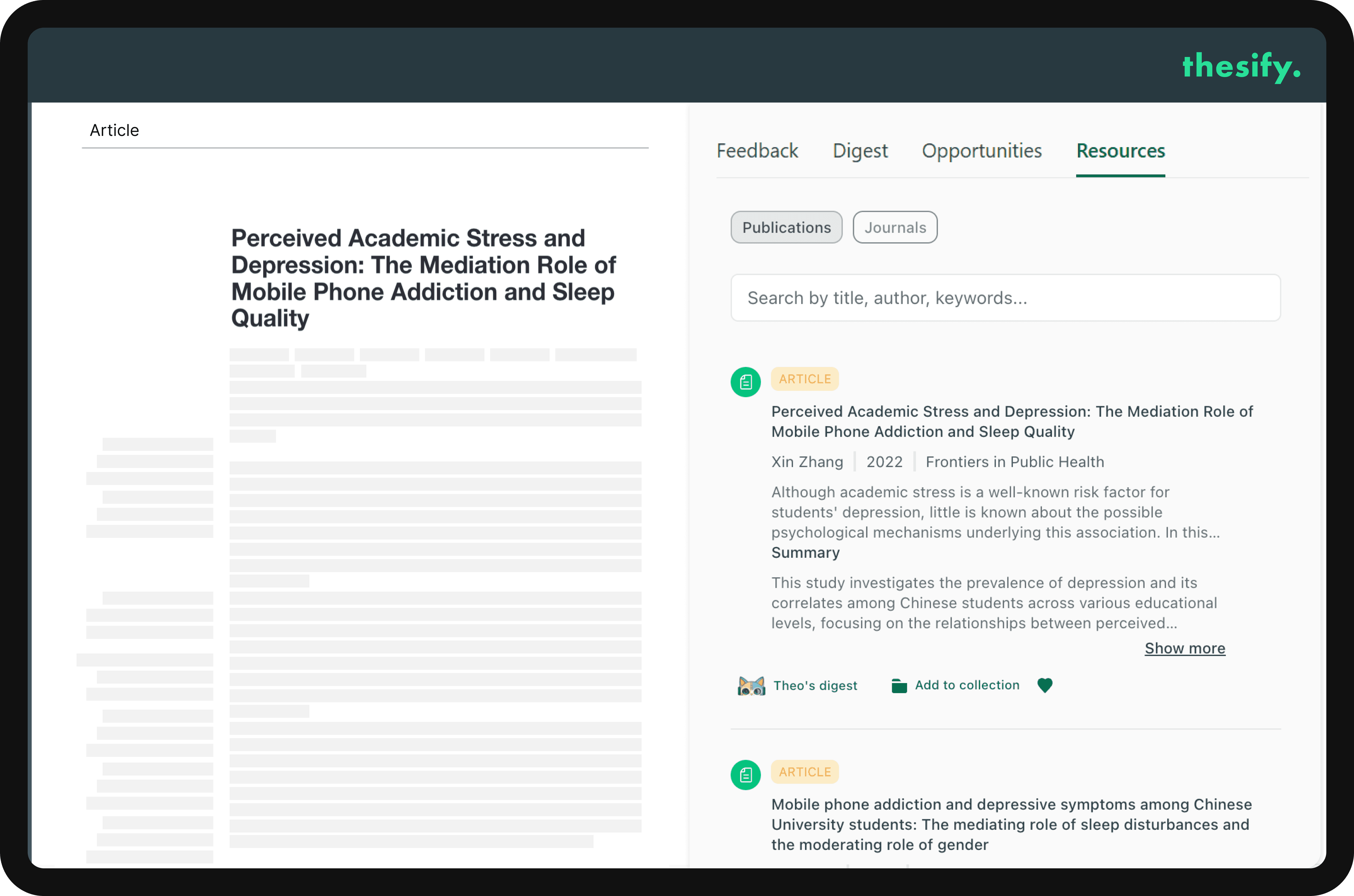 thesfy's app showing resources provided by using semantic search