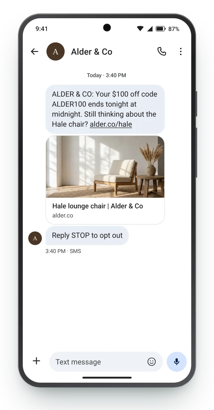 Code ends tonight promotional SMS on an Android phone