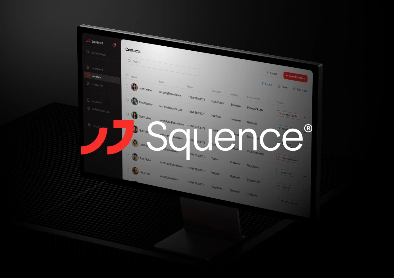 Dark computer monitor displays the Squence® Contacts interface with user profiles and messaging tools, glowing against a sleek black background.