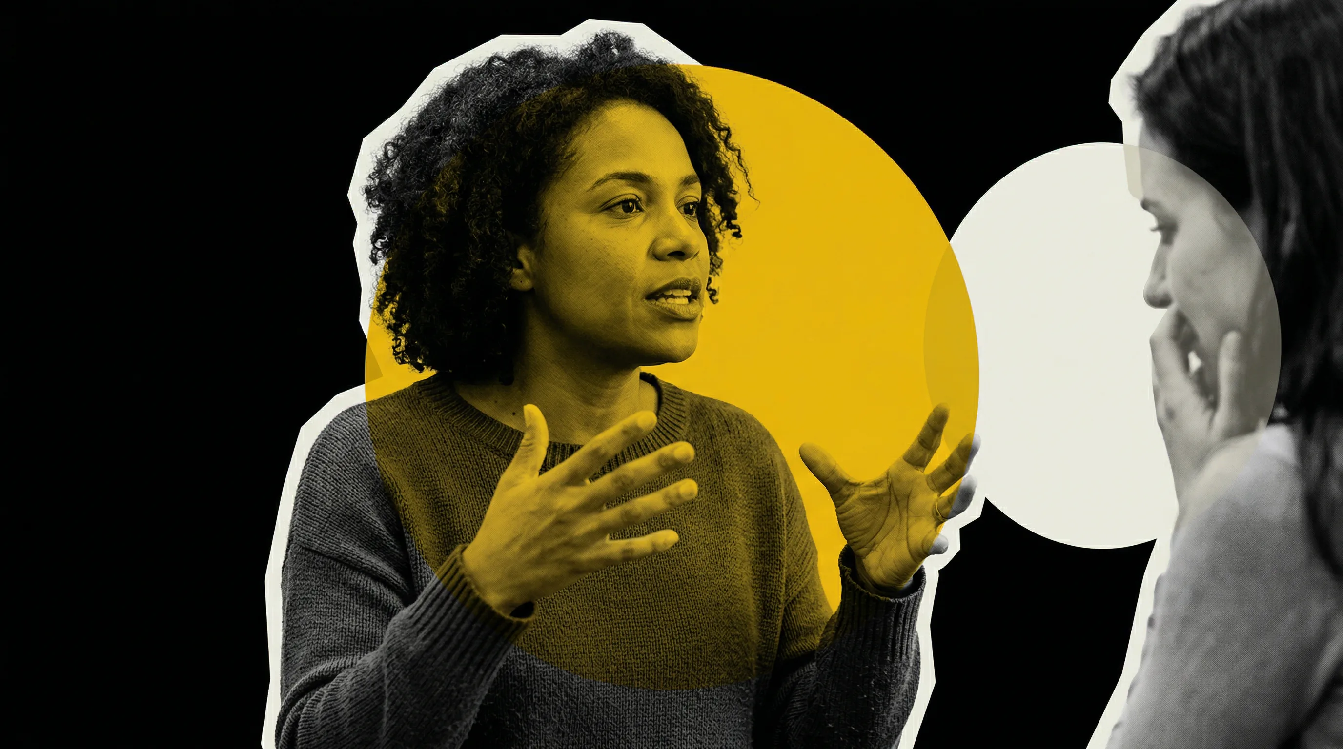 Colagem editorial sobre comunicação humanizada e conexão genuína no trabalho