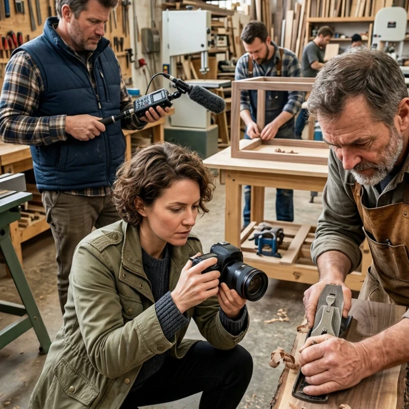 Professionnels en immersion dans un atelier de menuiserie, capturant en vidéo et photo le geste précis d'un artisan travaillant le bois, illustrant notre expertise en Production audiovisuelle pour créer un storytelling ancré dans le réel.