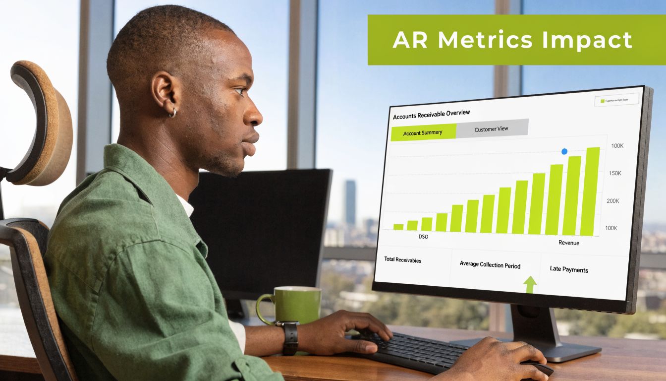 A professional man reviewing accounts receivable data and financial metrics on his computer screen in an office.