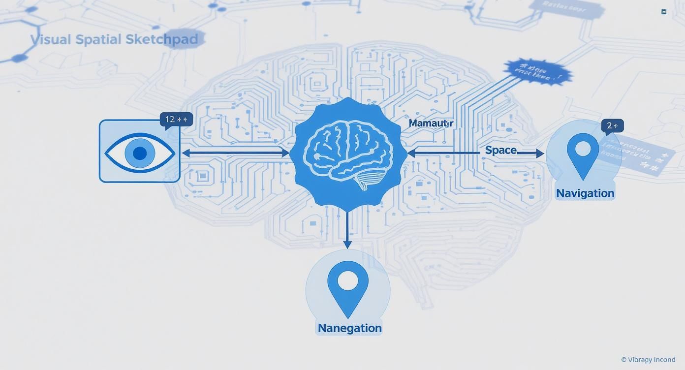 A blue diagram illustrating the concept of a visual spatial sketchpad, brain processing, and navigation.