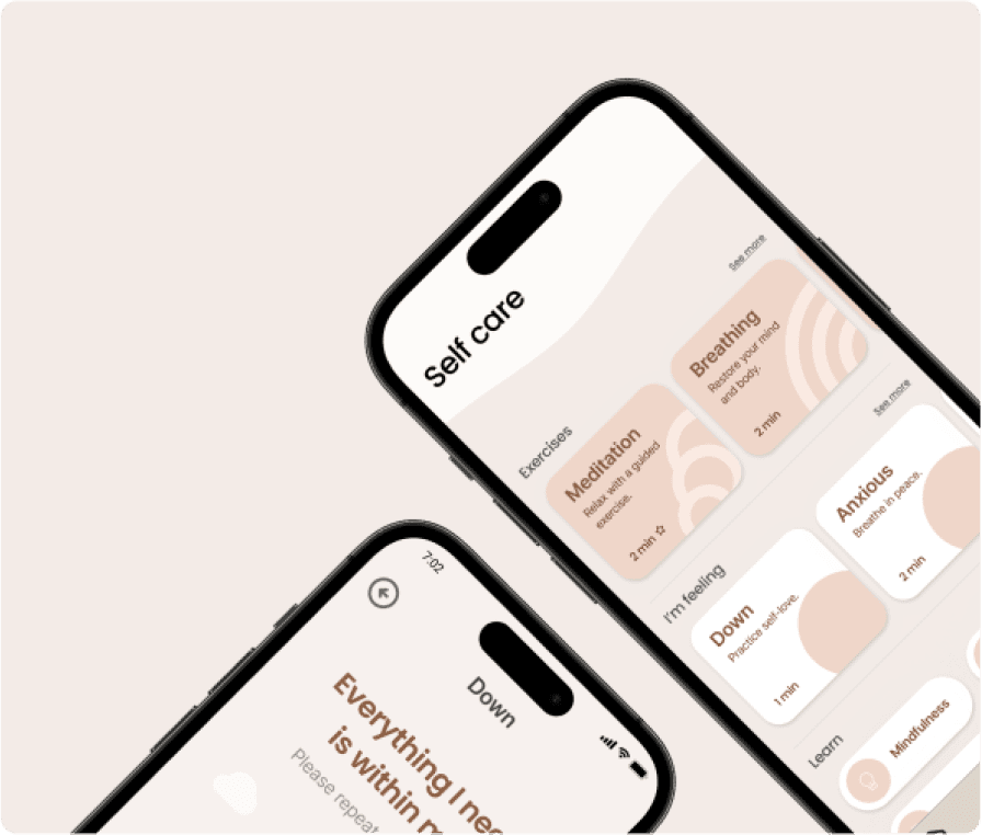 Smartphone displaying the homepage of a self-care app, featuring a clean, intuitive layout with sections for tracking daily habits, mood, and wellness activities.