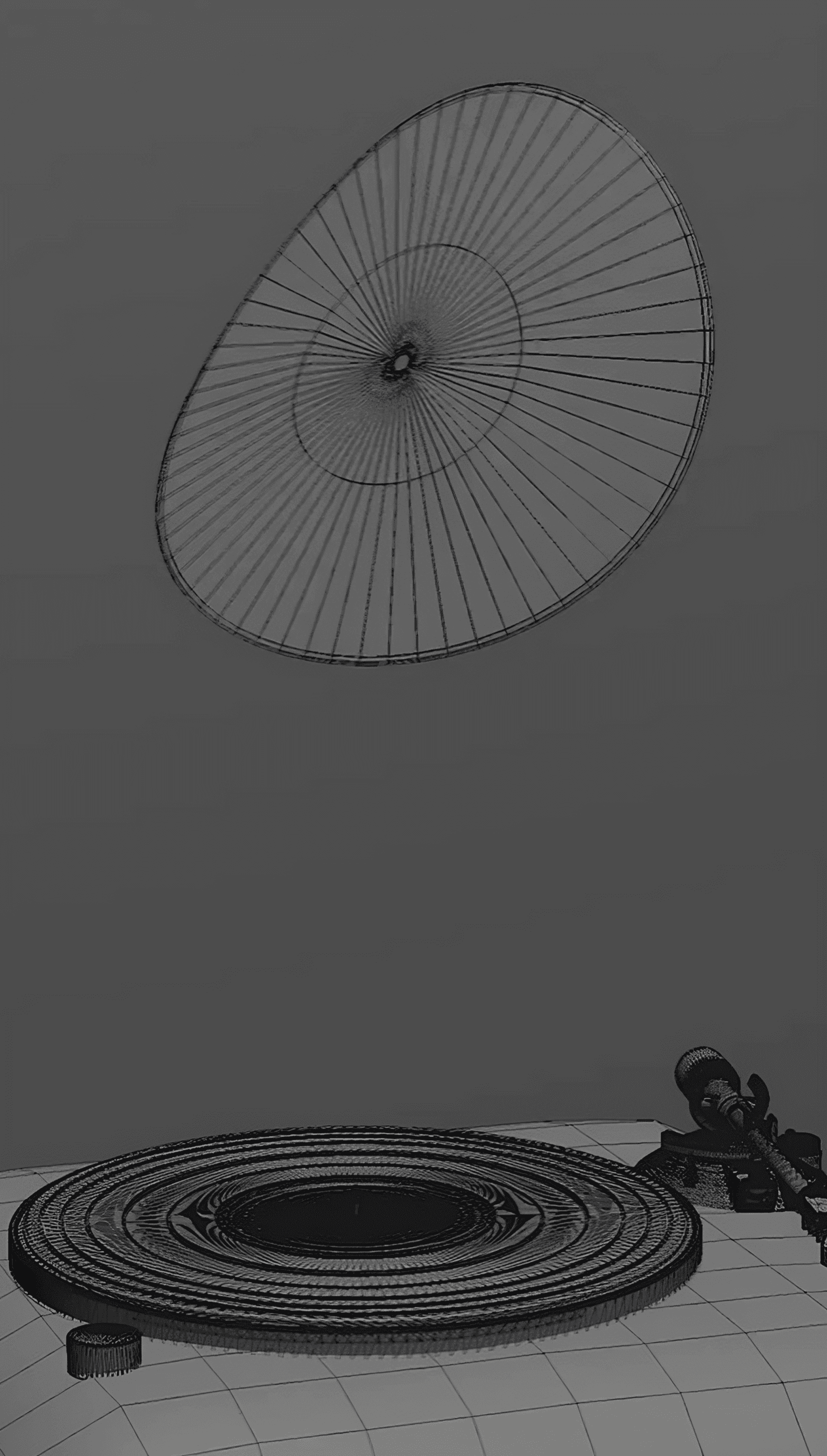 A detailed 3D wireframe illustrates the geometry of a vinyl record being sliced by a blade