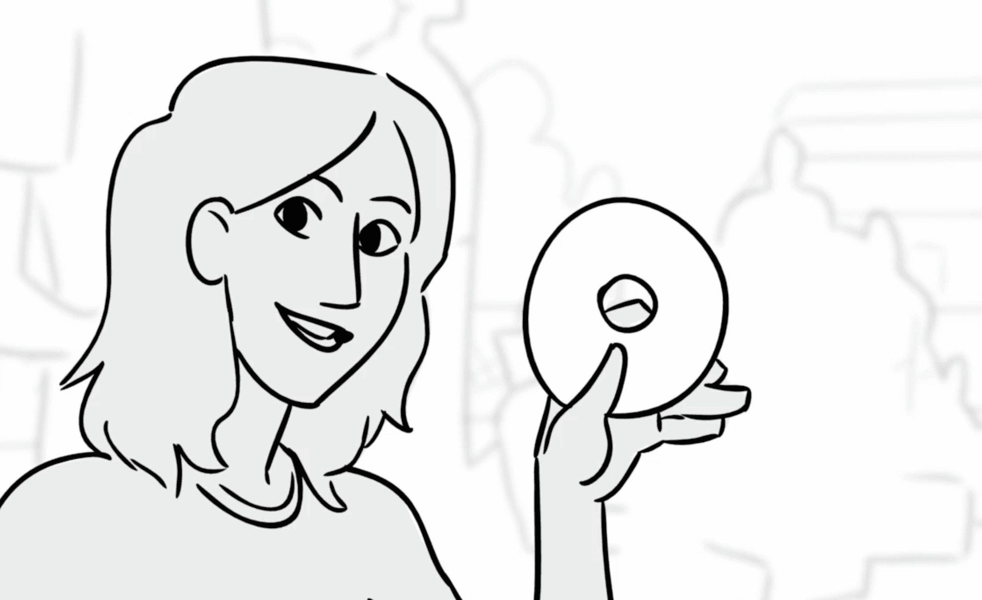The woman smiles at camera and holds up the white band.