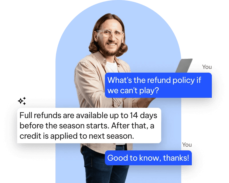 Sports league administrator using the Emi AI chatbot to automatically answer member refund and registration questions