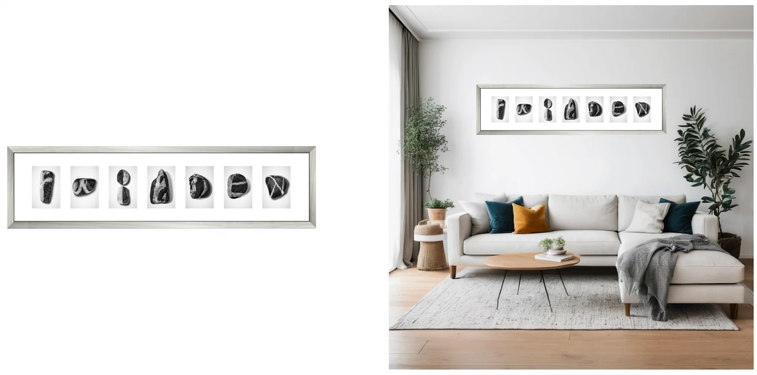 photo frame before and after on a white background then in a modern living room