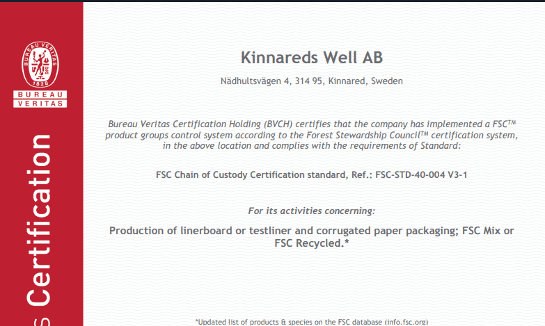 FSC Chain of Custody certification issued by Bureau Veritas for Kinnareds Well AB, confirming FSC Mix and FSC Recycled certification for linerboard, testliner, and corrugated paper packaging production in Sweden.